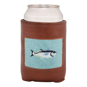 Front face of bluefin tuna needlepoint can cooler showing hand-stitched needlepoint bluefin tuna against a light blue background. Soft leather body with interior neoprene lining. Great fit for a standard 12 ounce can.