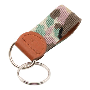 Needlepoint keychain with jungle camo hand-stitched pattern on both sides, leather backing, stainless steel hardware
