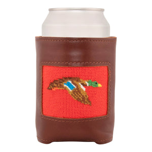 Front face of duck needlepoint can cooler showing hand-stitched needlepoint mallard drake against a blaze orange background. Soft leather body with interior neoprene lining. Great fit for a standard 12 ounce can.