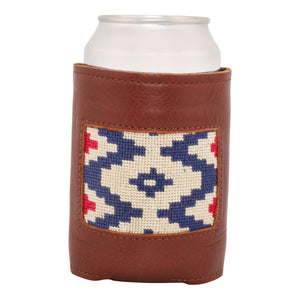 Front face of Gaucho needlepoint can cooler showing hand-stitched needlepoint red white and blue gaucho pattern. Soft leather body with interior neoprene lining. Great fit for a standard 12 ounce can.