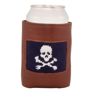 needlepoint can cooler with white skull and crossbones against dark navy blue background soft full grain leather exterior neoprene liner by Huck Venture