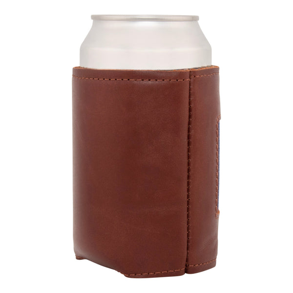 Left side handstitched needlepoint can cooler showing full grain soft leather exterior neoprene liner quality stitching keeping 12 ounce beverage can cold