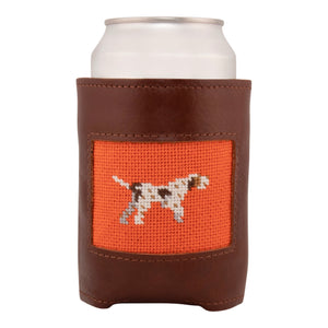 Front face of pointer dog needlepoint can cooler showing hand-stitched needlepoint pointing dog against a blaze orange background. Soft leather body with interior neoprene lining. Great fit for a standard 12 ounce can.