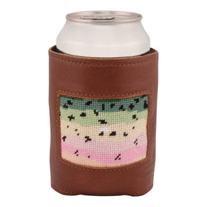 Front face of rainbow trout needlepoint can cooler showing hand-stitched needlepoint rainbow trout pattern. Soft leather body with interior neoprene lining. Great fit for a standard 12 ounce can.