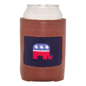 Front face of Republican needlepoint can cooler showing hand-stitched needlepoint republican elephant against a dark navy blue background. Soft leather body with interior neoprene lining. Great fit for a standard 12 ounce can.