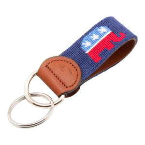 needlepoint key fob with Republican elephant design against a navy blue background, same image on both sides, hand-stitched, leather backing, stainless steel keyring