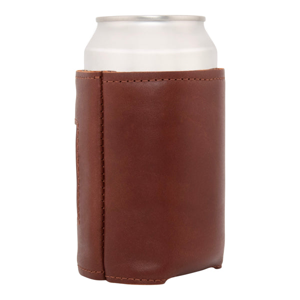 Right side handstitched needlepoint can cooler showing full grain soft leather exterior neoprene liner quality stitching keeping 12 ounce beverage can cold
