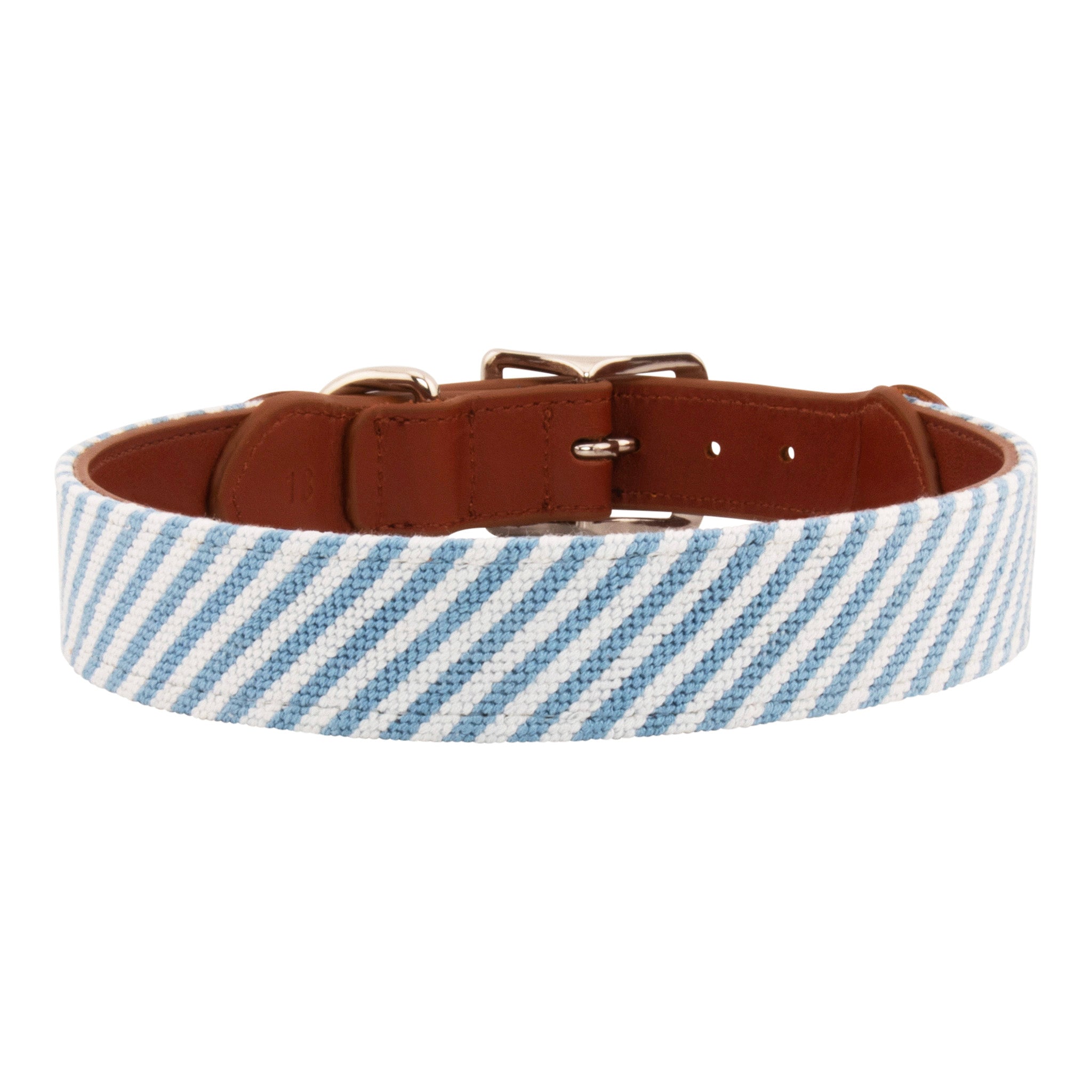 Seersucker Needlepoint Dog Collar with a classic blue and white seersucker pattern. The dog collar has durable stainless steel and full grain leather backing and strap.