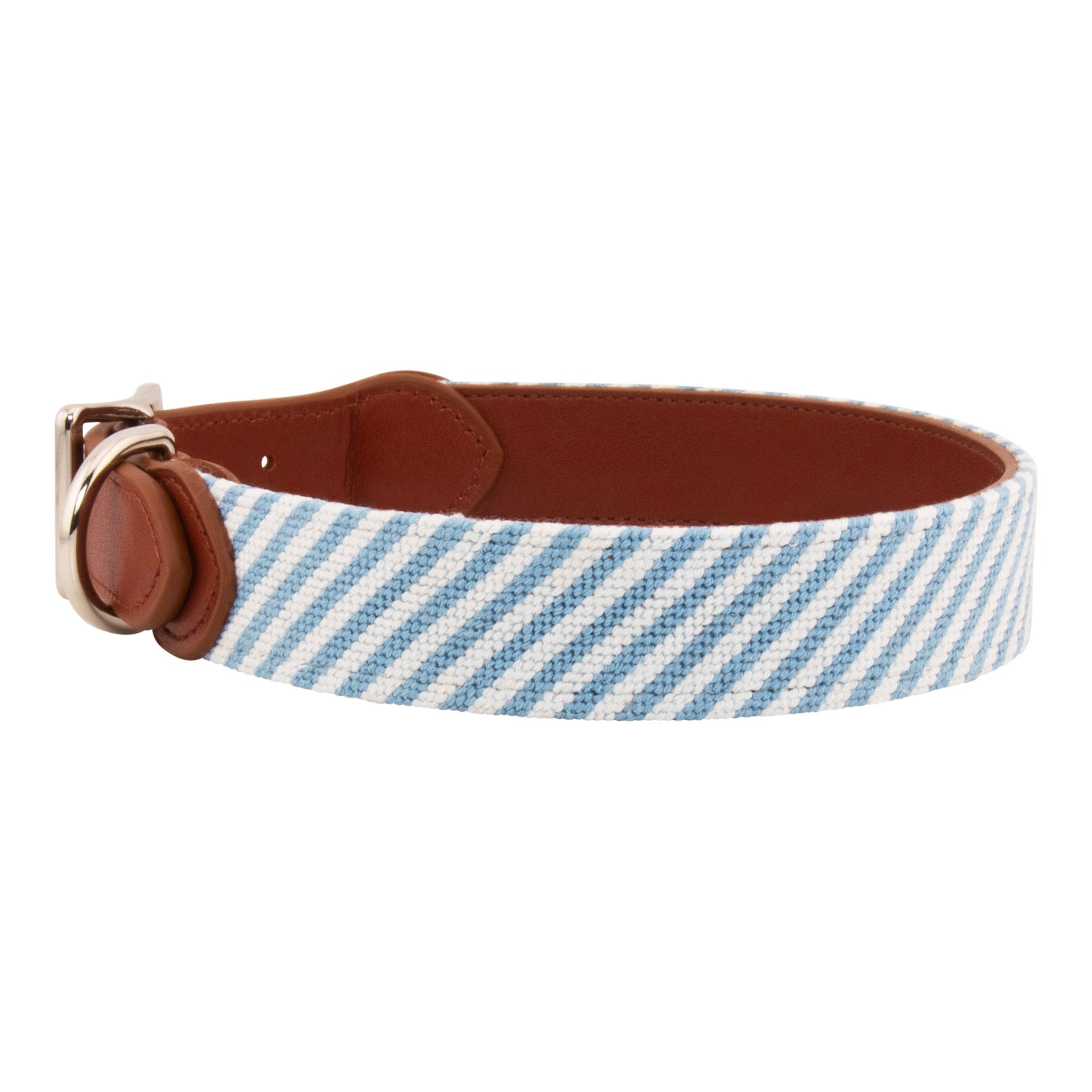 Seersucker Needlepoint Dog Collar with a classic blue and white seersucker pattern. The dog collar has durable stainless steel and full grain leather backing and strap.