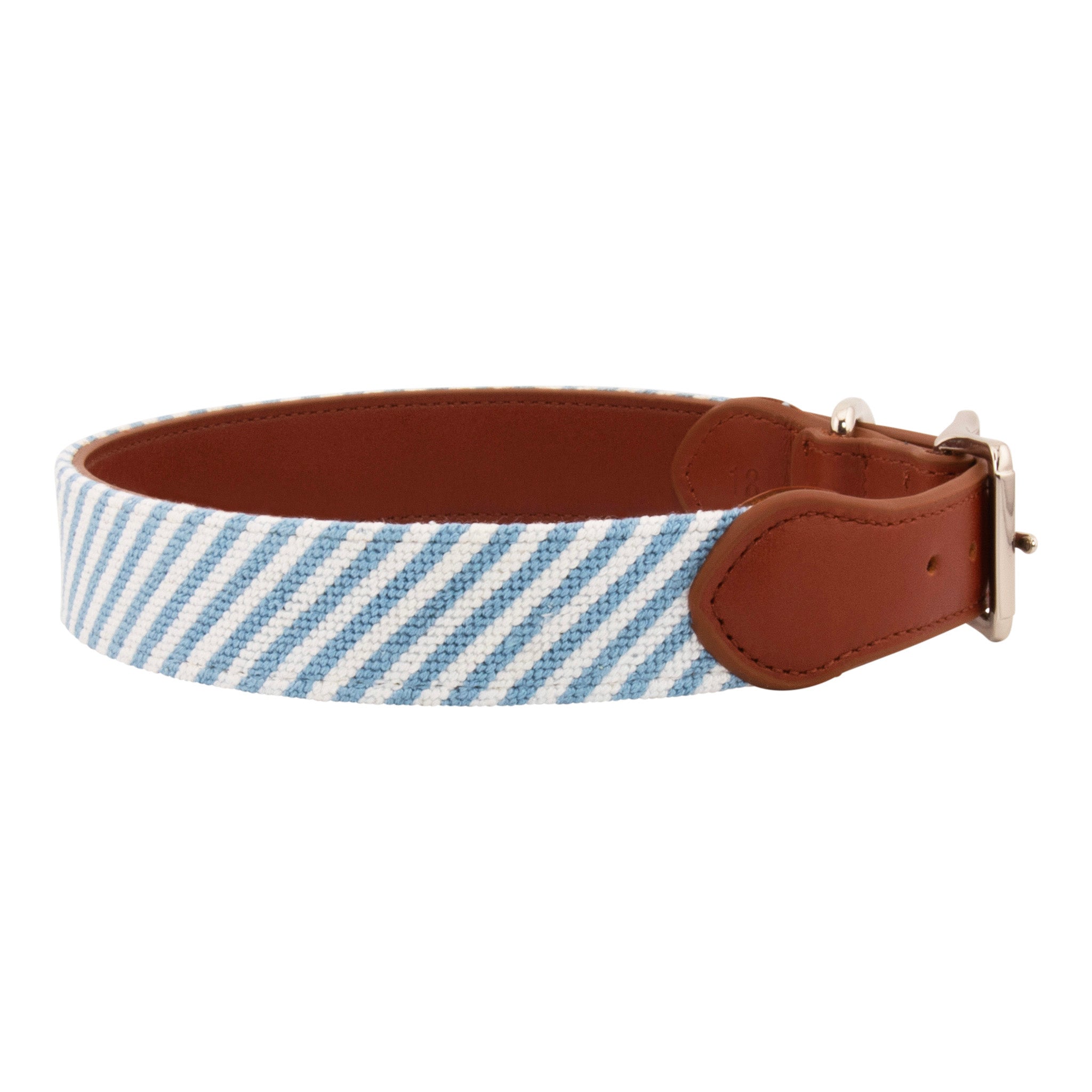Seersucker Needlepoint Dog Collar with a classic blue and white seersucker pattern. The dog collar has durable stainless steel and full grain leather backing and strap.