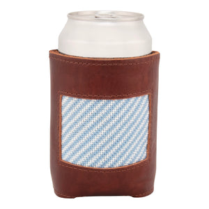 needlepoint can cooler blue and white classic seersucker pattern soft full grain leather exterior neoprene liner by Huck Venture