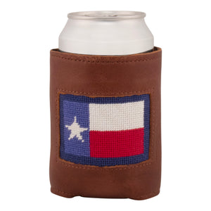 Front face of Texas Flag Needlepoint Can Cooler showing hand-stitched needlepoint Texas Flag with dark navy blue background. Soft leather body with interior neoprene lining. Great fit for a standard 12 ounce can.