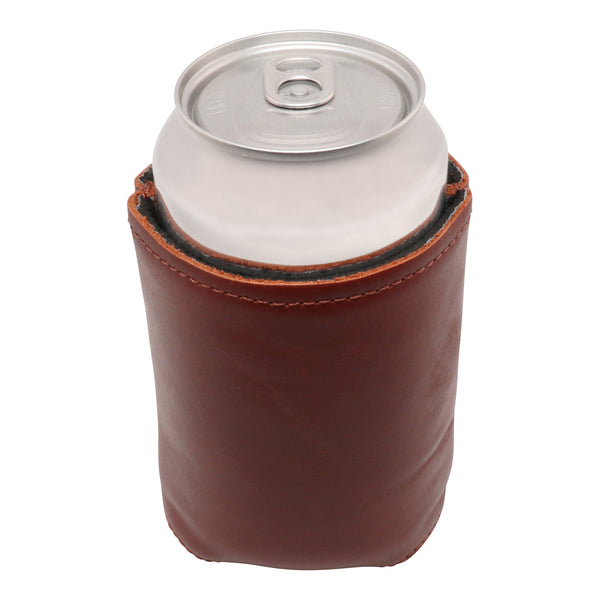 Top view handstitched needlepoint can cooler showing full grain soft leather exterior neoprene liner quality stitching keeping 12 ounce beverage can cold