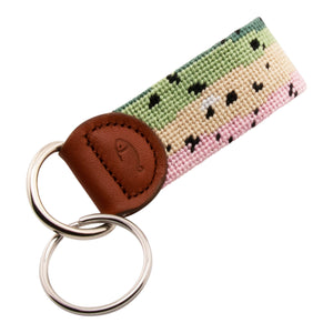 Hand-stitched rainbow trout needlepoint keychain showing rainbow trout skin pattern on both sides with leather backing.  Stainless steel D-ring and keyring.