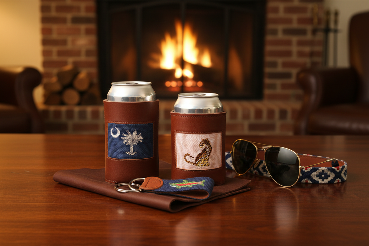 American Flag Needlepoint Can Cooler | Full Grain Leather