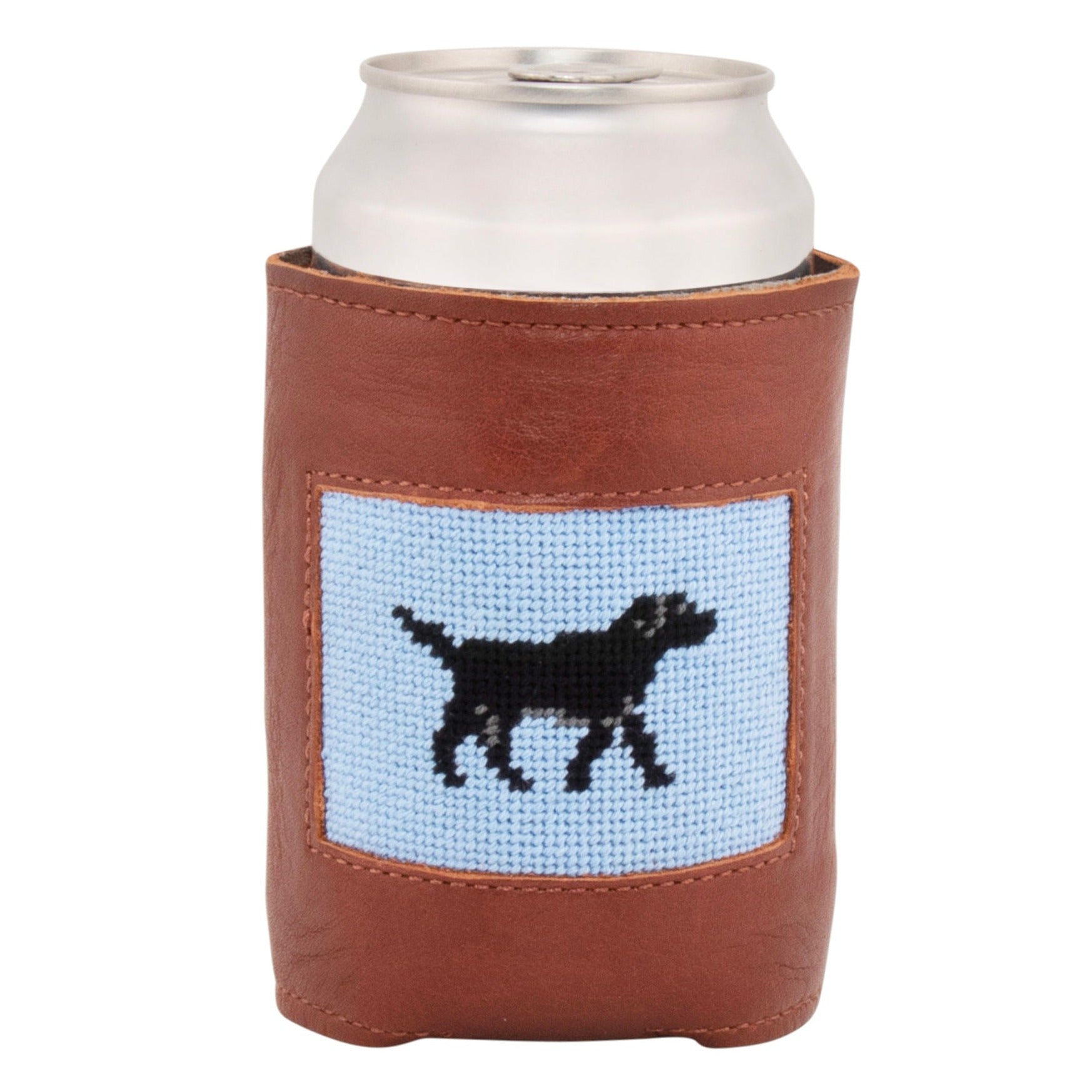 needlepoint can cooler black labrador against light blue background  soft full grain leather exterior neoprene liner by Huck Venture