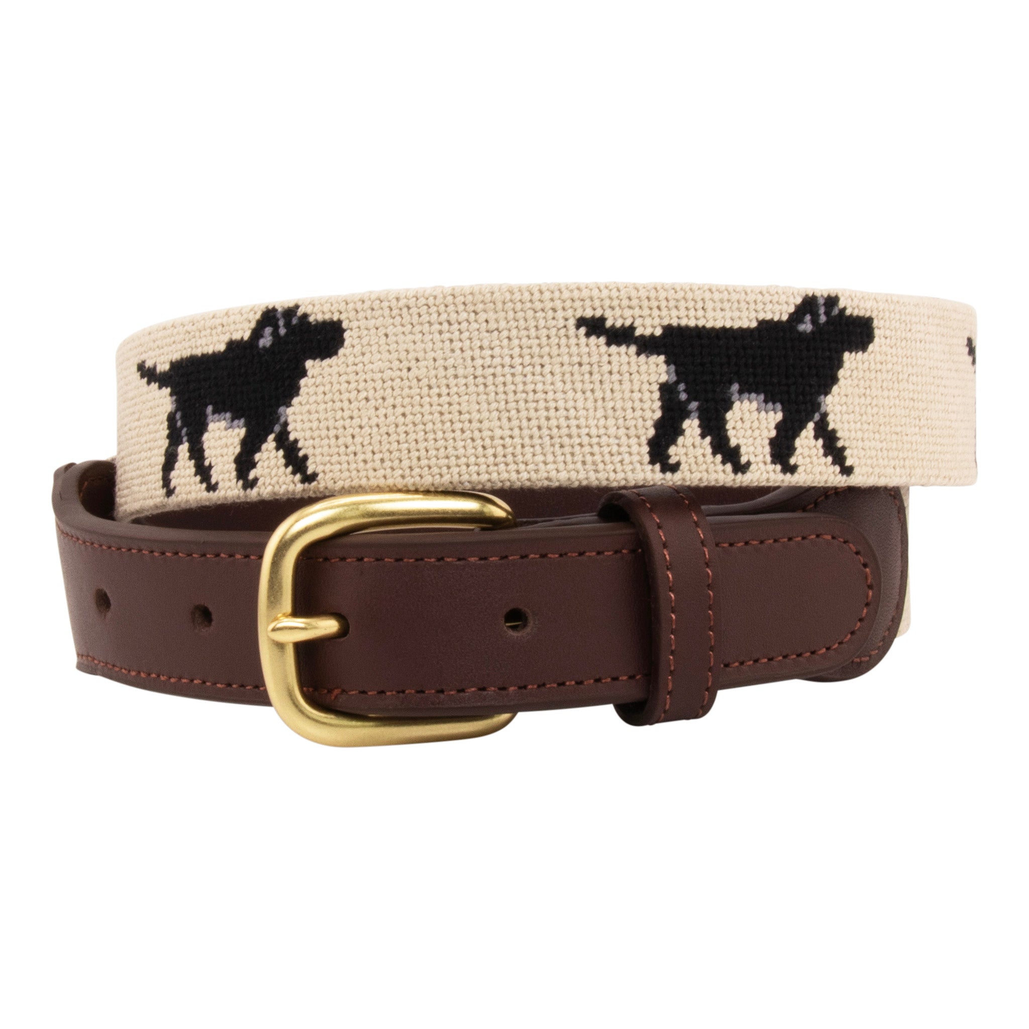 Black Lab Needlepoint Belt with khaki background showing a repeating pattern of evenly spaced black labradors. Belt has a brass buckle and full grain leather backing and strap.