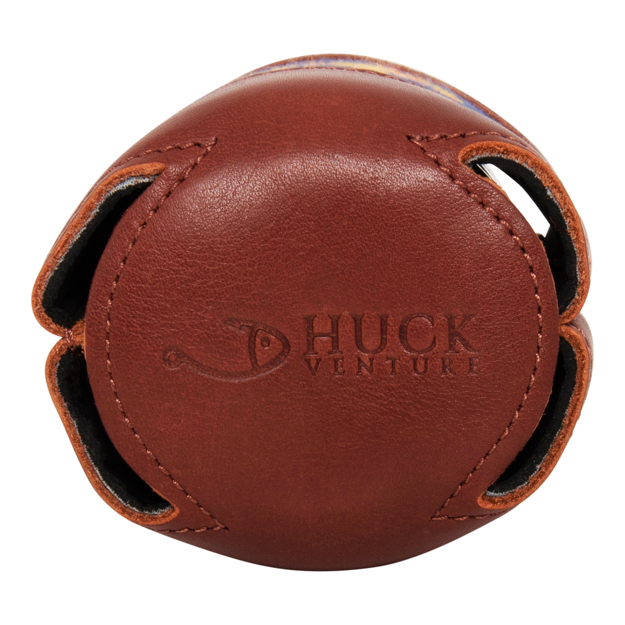 Bottom view of brown leather needlepoint can cooler featuring debossed Huck Venture logo with stitched detailing and cutout base design