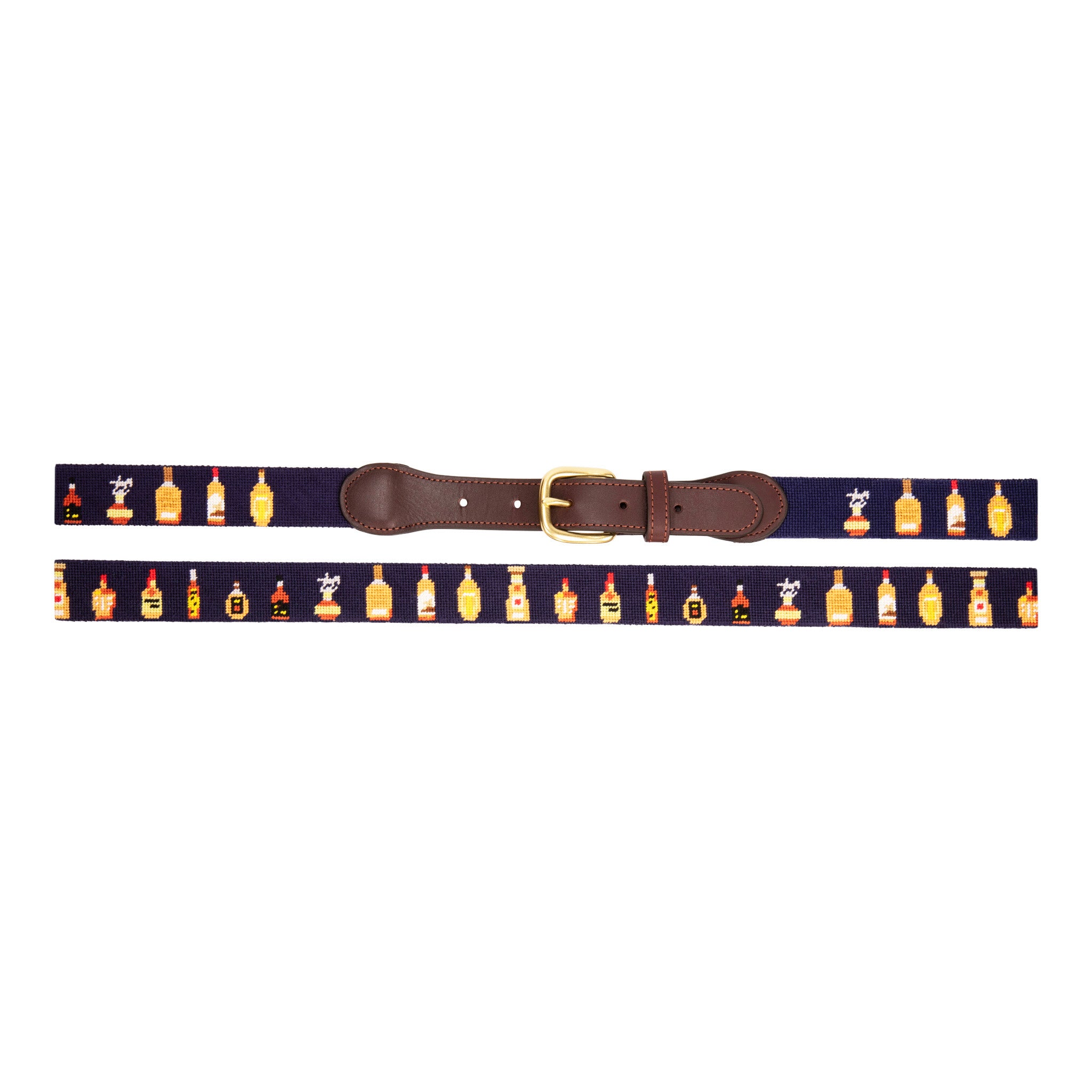 Bourbon Bottle Needlepoint Belt with navy blue background showing a repeating pattern of popularbourbon bottles around the belt. Belt has a brass buckle and full grain leather backing and strap.