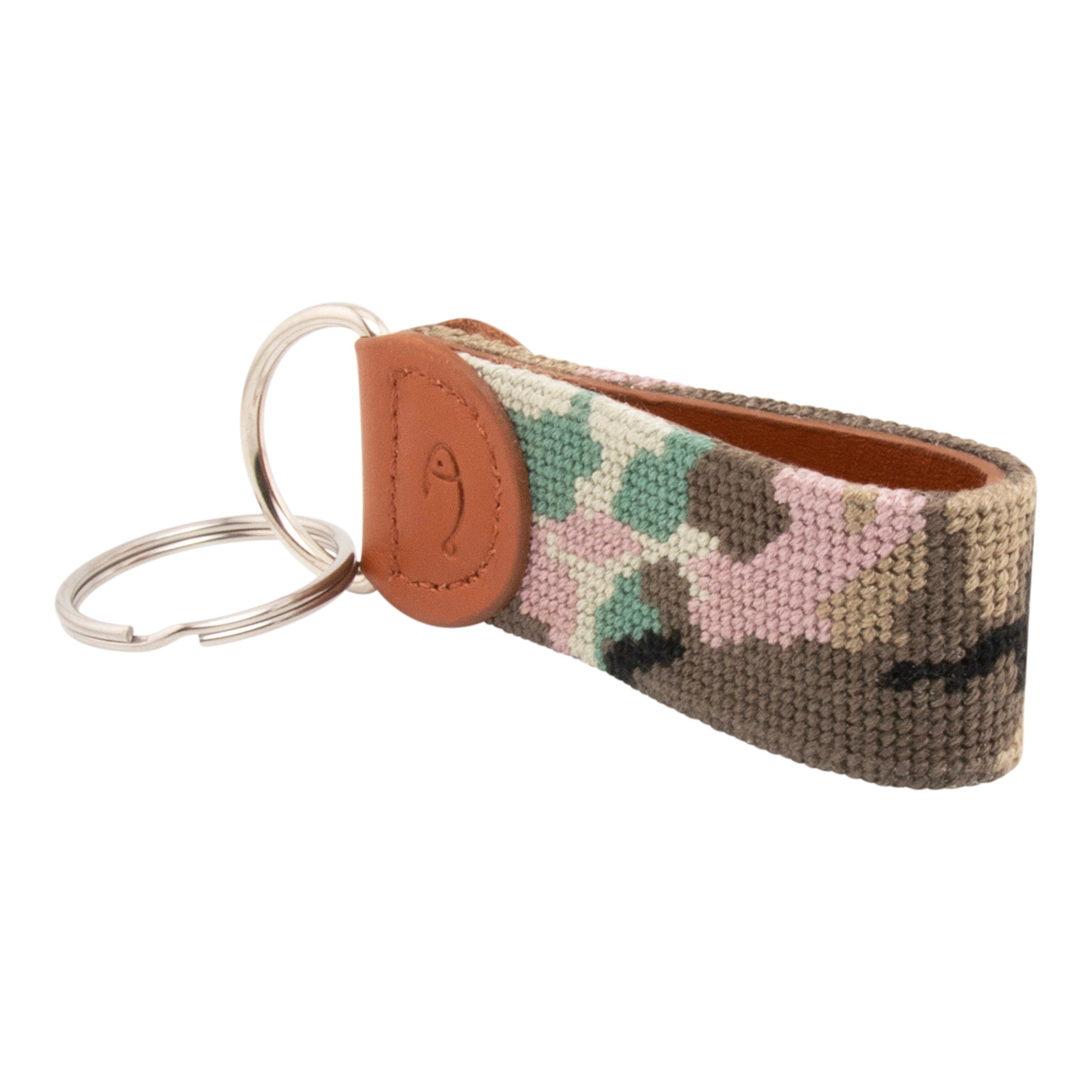 Needlepoint keychain with jungle camo hand-stitched pattern on both sides, leather backing, stainless steel hardware