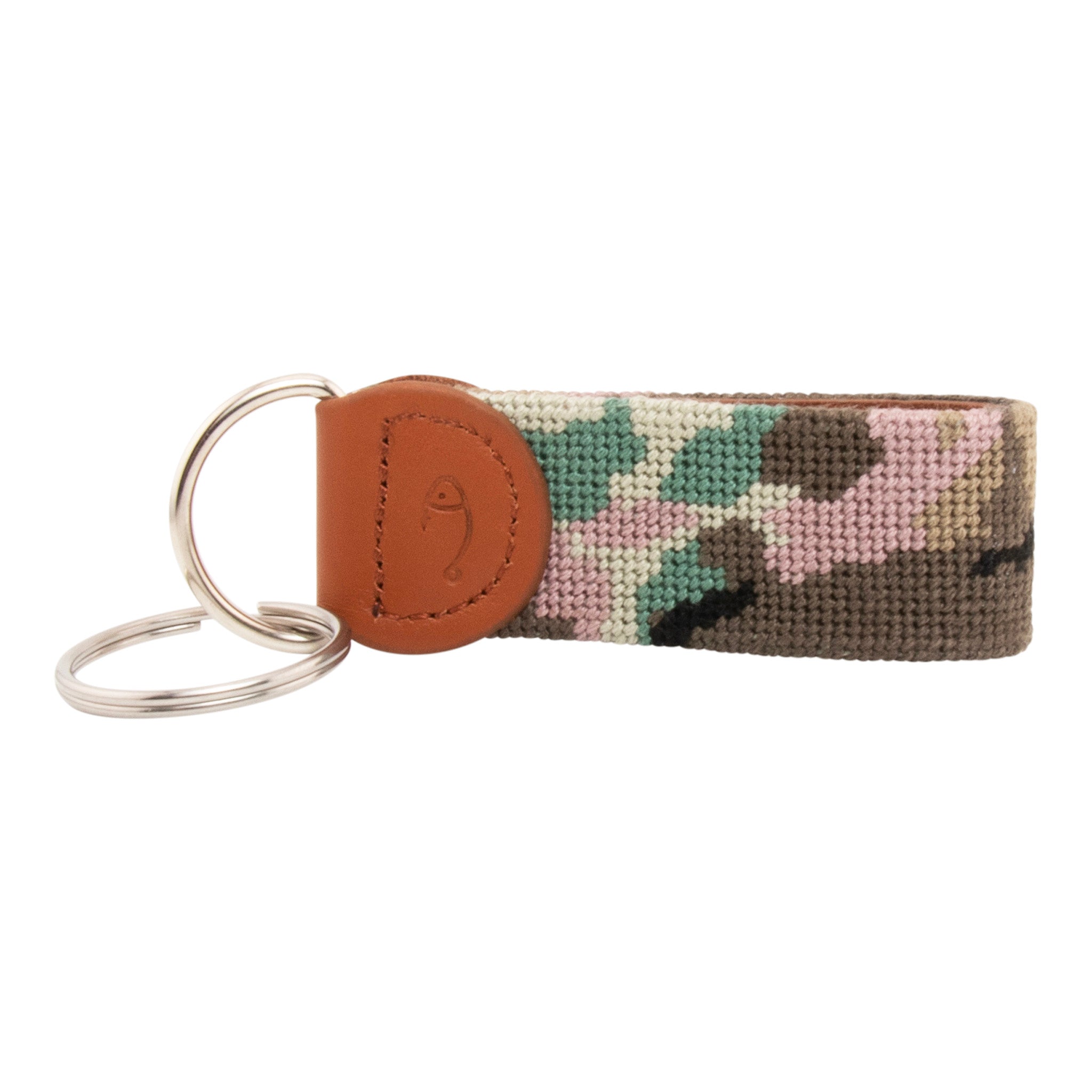 Needlepoint keychain with jungle camo hand-stitched pattern on both sides, leather backing, stainless steel hardware