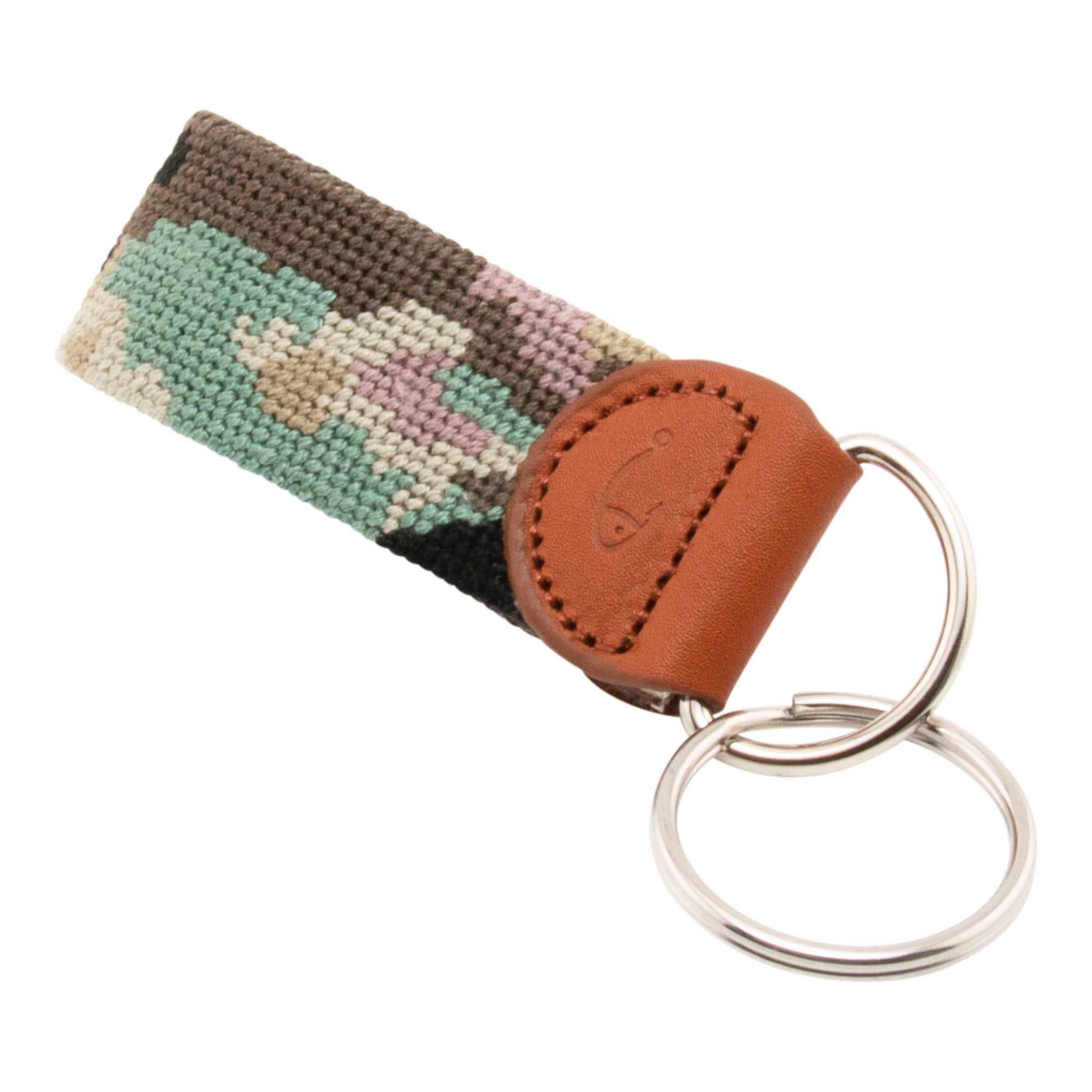 Needlepoint keychain with jungle camo hand-stitched pattern on both sides, leather backing, stainless steel hardware