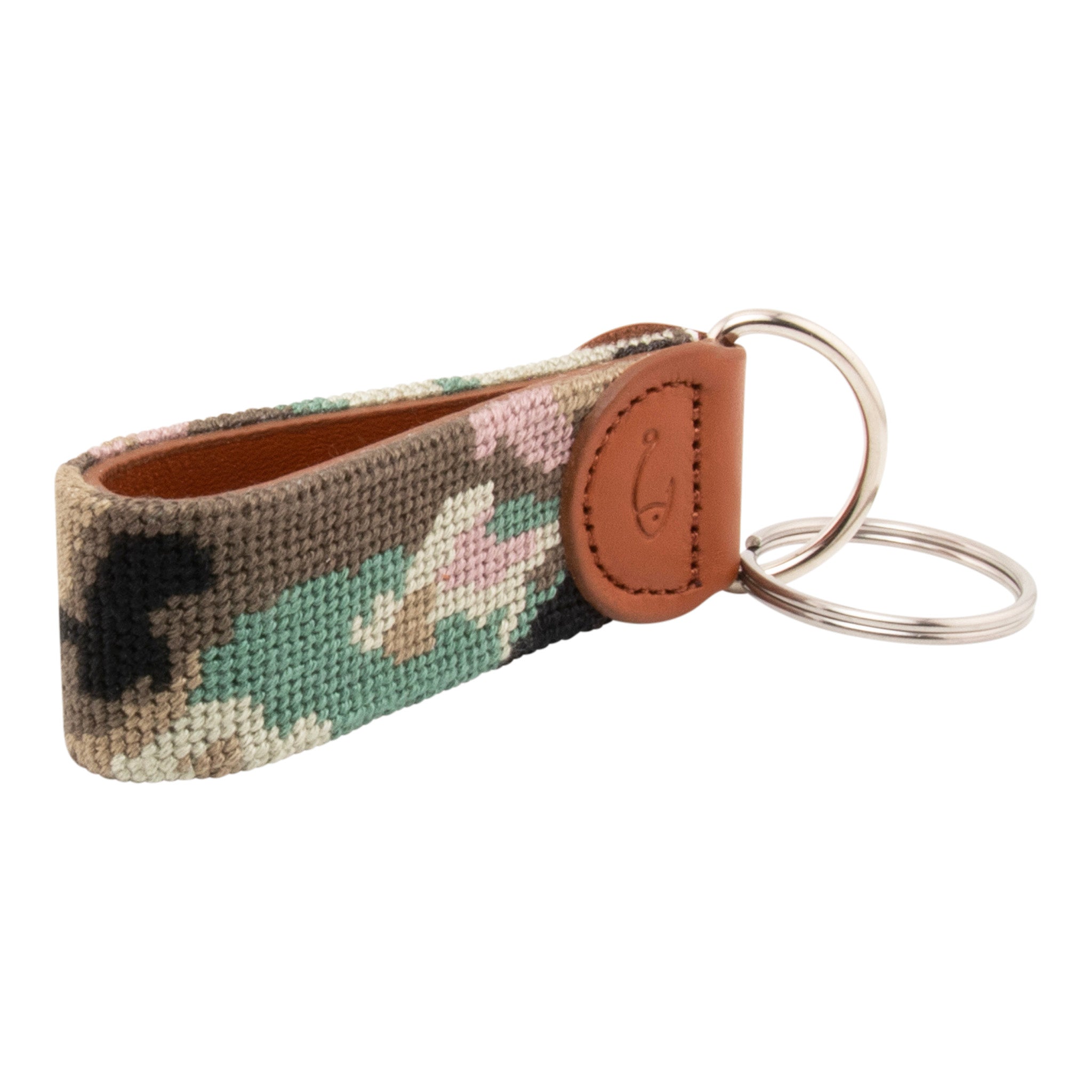Needlepoint keychain with jungle camo hand-stitched pattern on both sides, leather backing, stainless steel hardware