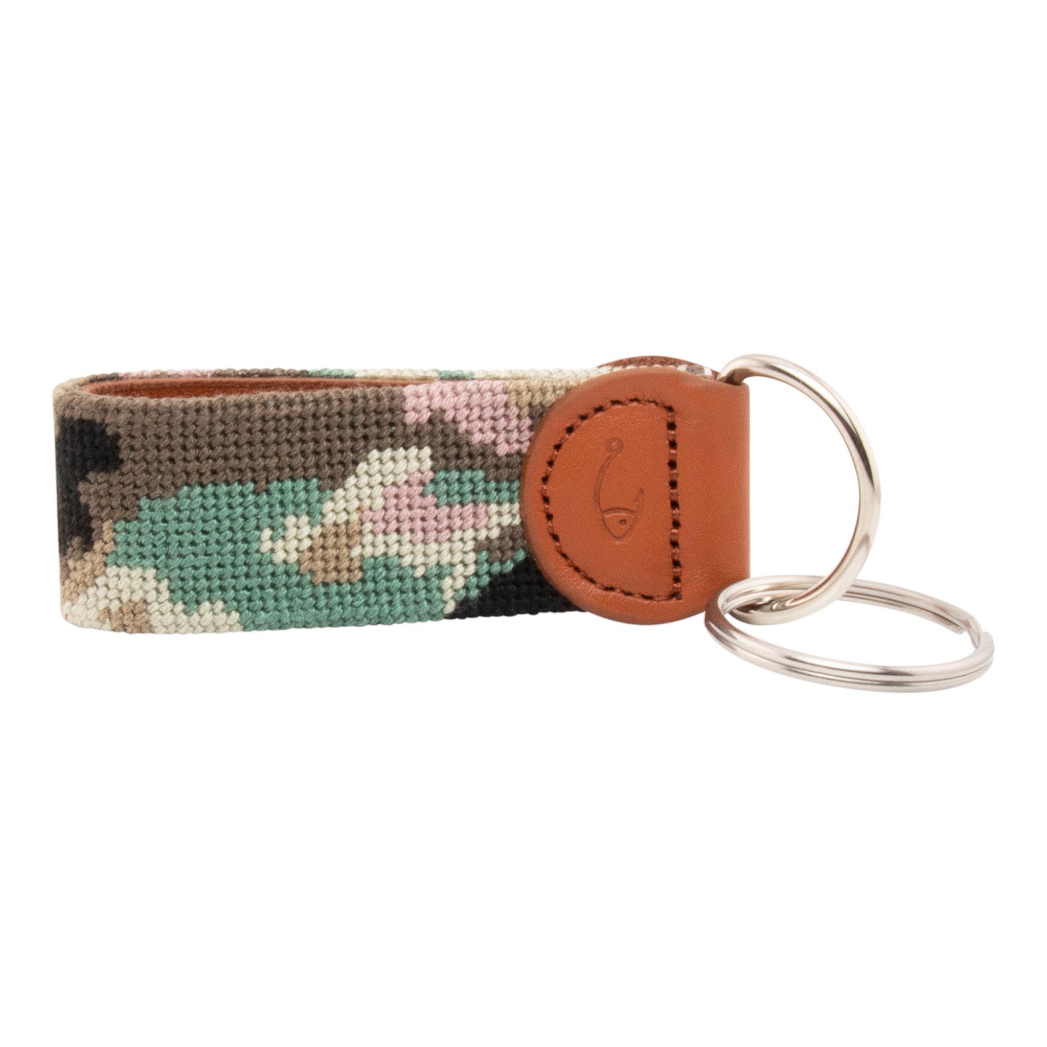 Needlepoint keychain with jungle camo hand-stitched pattern on both sides, leather backing, stainless steel hardware
