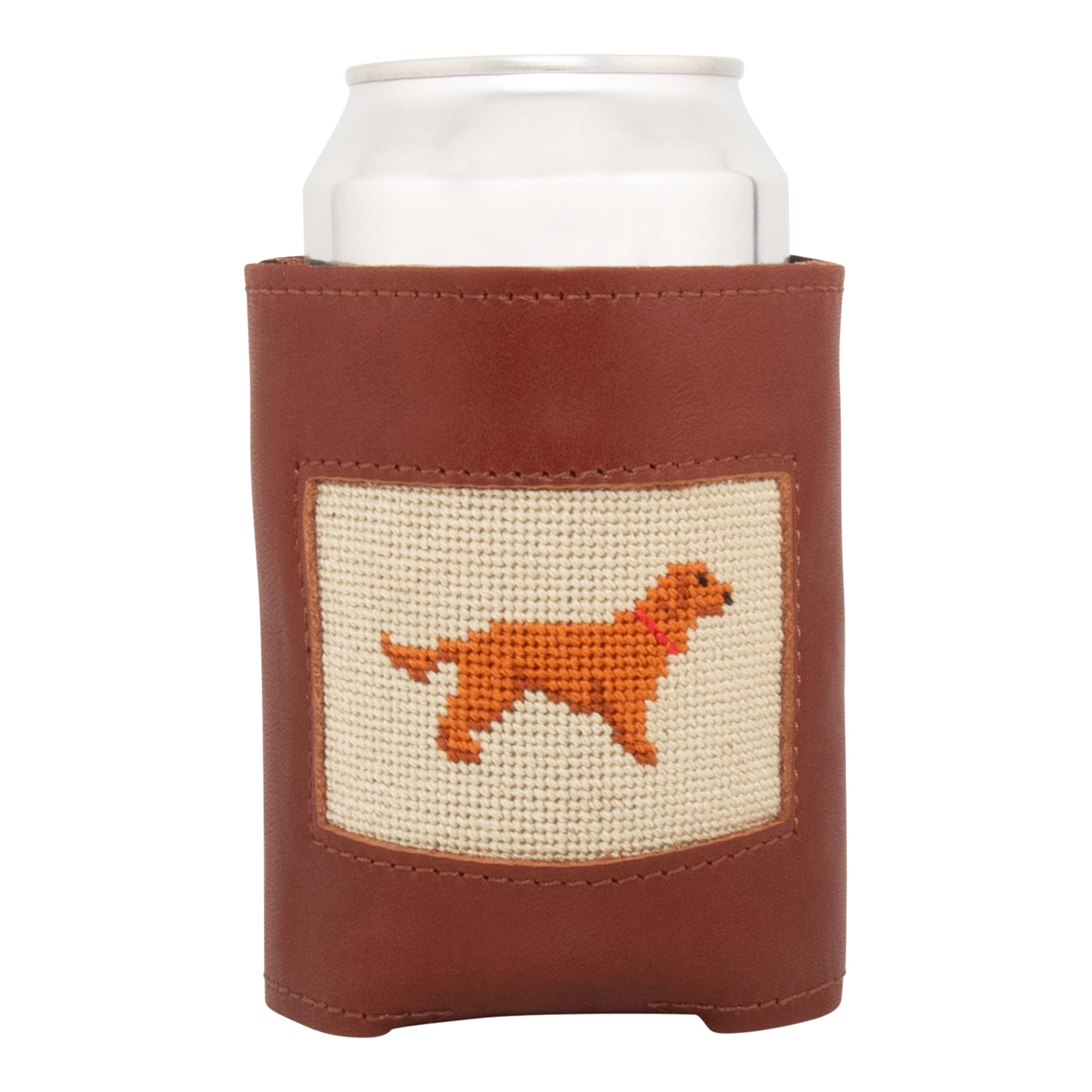 Chocolate Lab needlepoint can cooler with hand-stitched dog design on fine grain leather by Huck Venture