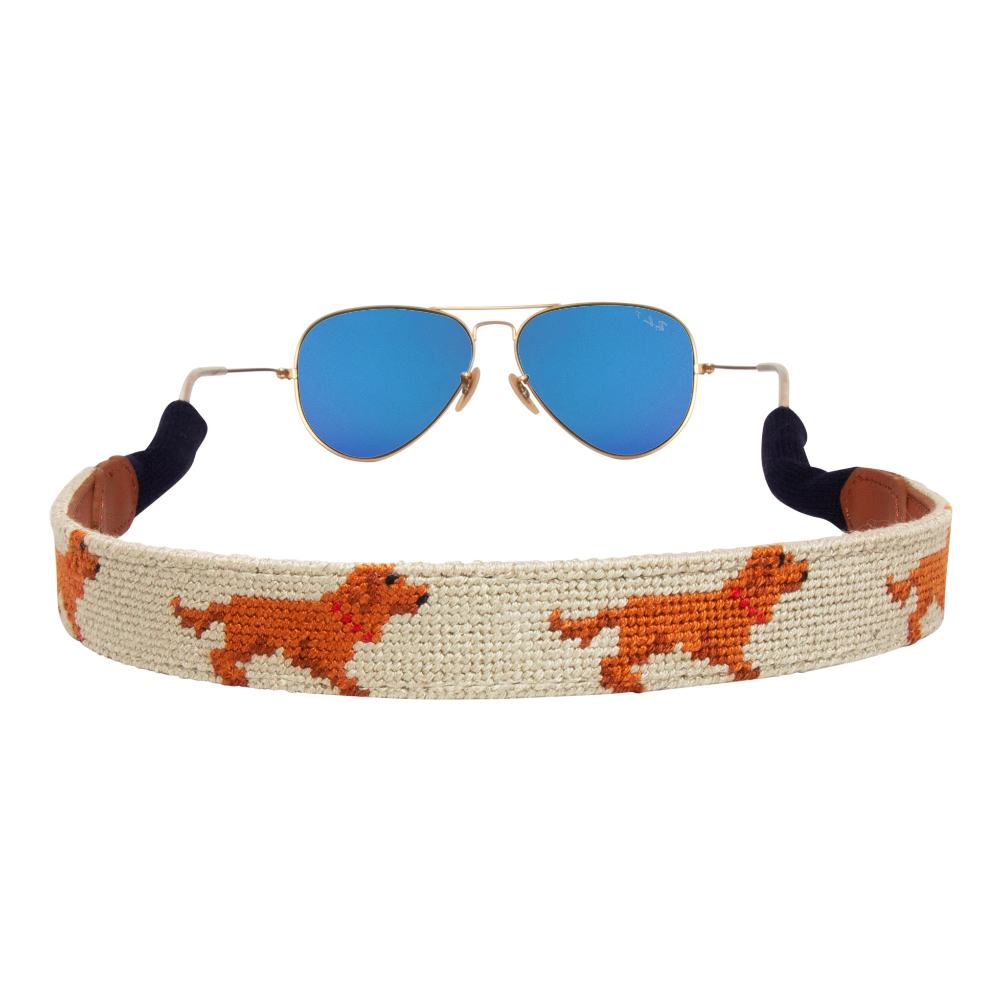 Chocolate Lab needlepoint sunglass strap with hand-stitched dogs and leather detailing by Huck Venture