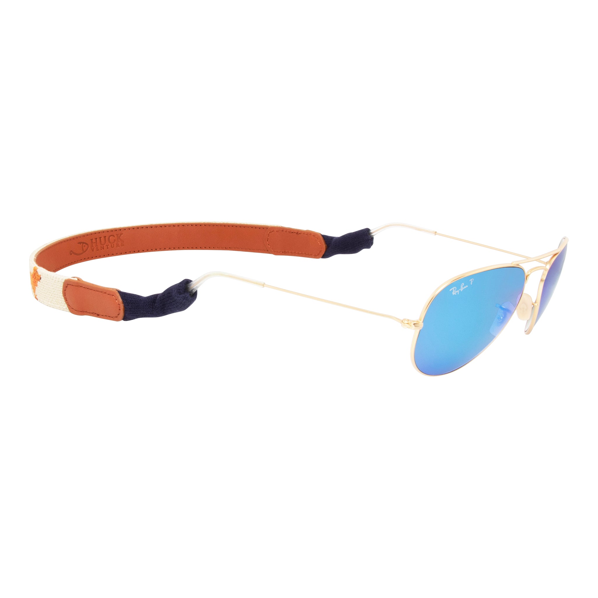 Chocolate Lab needlepoint sunglass strap with hand-stitched dogs and leather detailing by Huck Venture