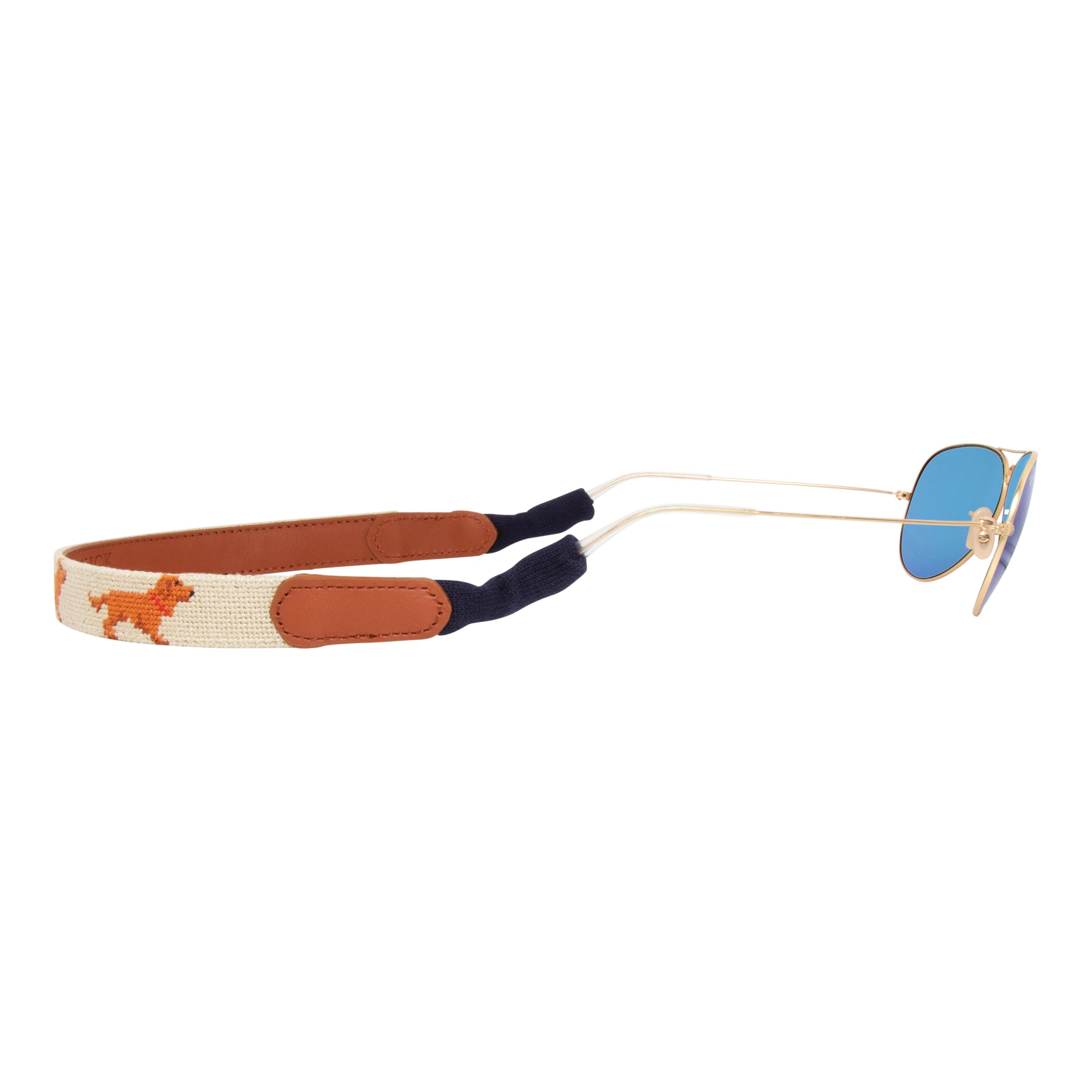 Chocolate Lab needlepoint sunglass strap with hand-stitched dogs and leather detailing by Huck Venture