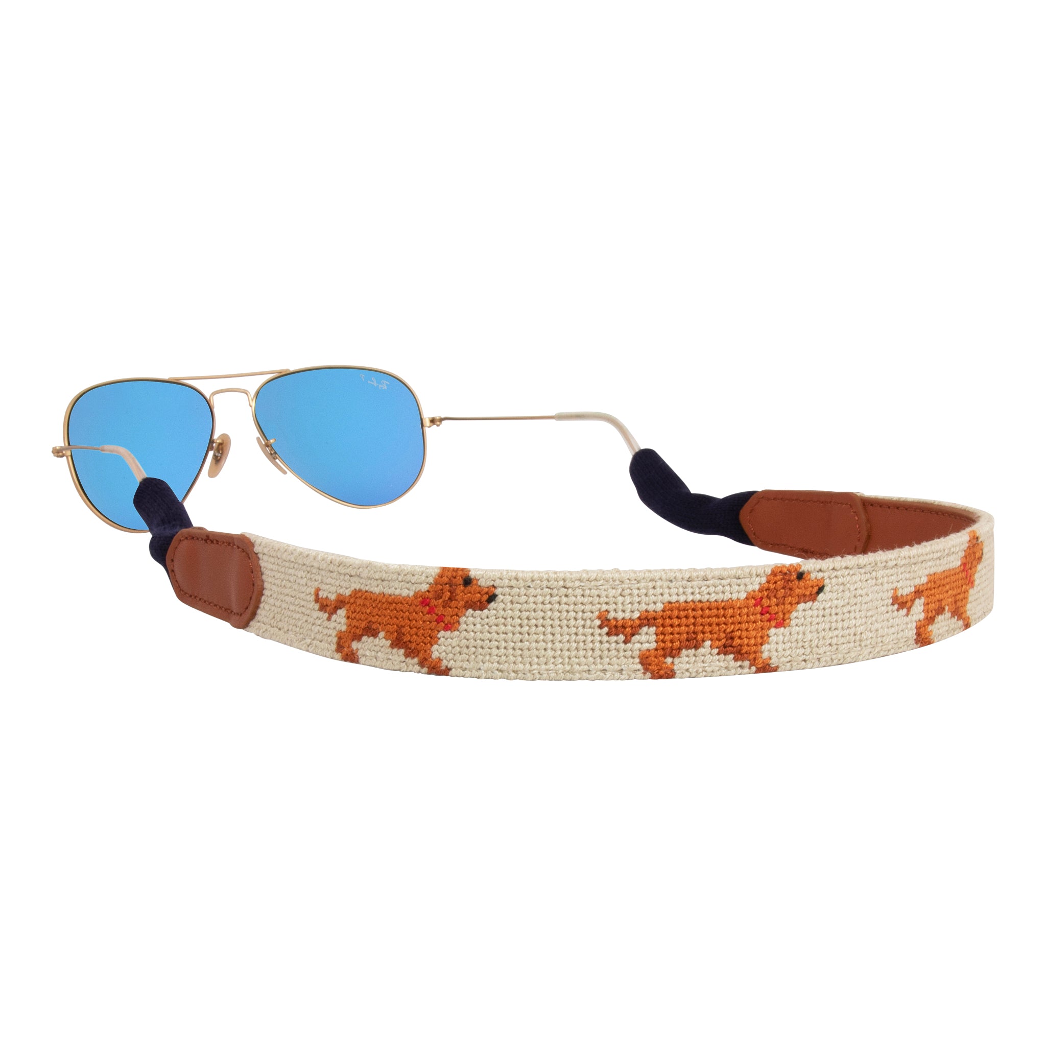 Chocolate Lab needlepoint sunglass strap with hand-stitched dogs and leather detailing by Huck Venture