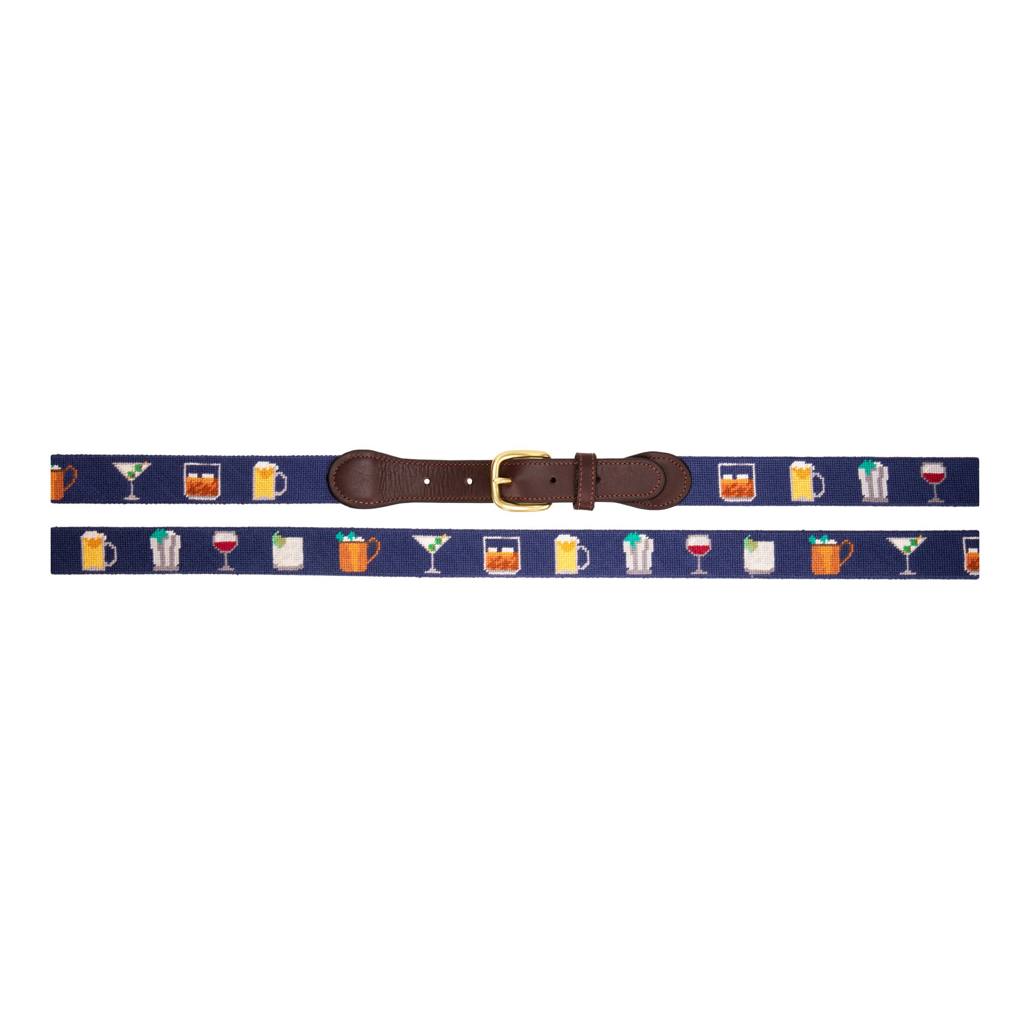 Cocktail Needlepoint Belt with navy blue background showing a repeating pattern of popular cocktails such as a martini, bourbon on the rocks, glass of wine, beer, mint julep around the belt. Belt has a brass buckle and full grain leather backing and strap.
