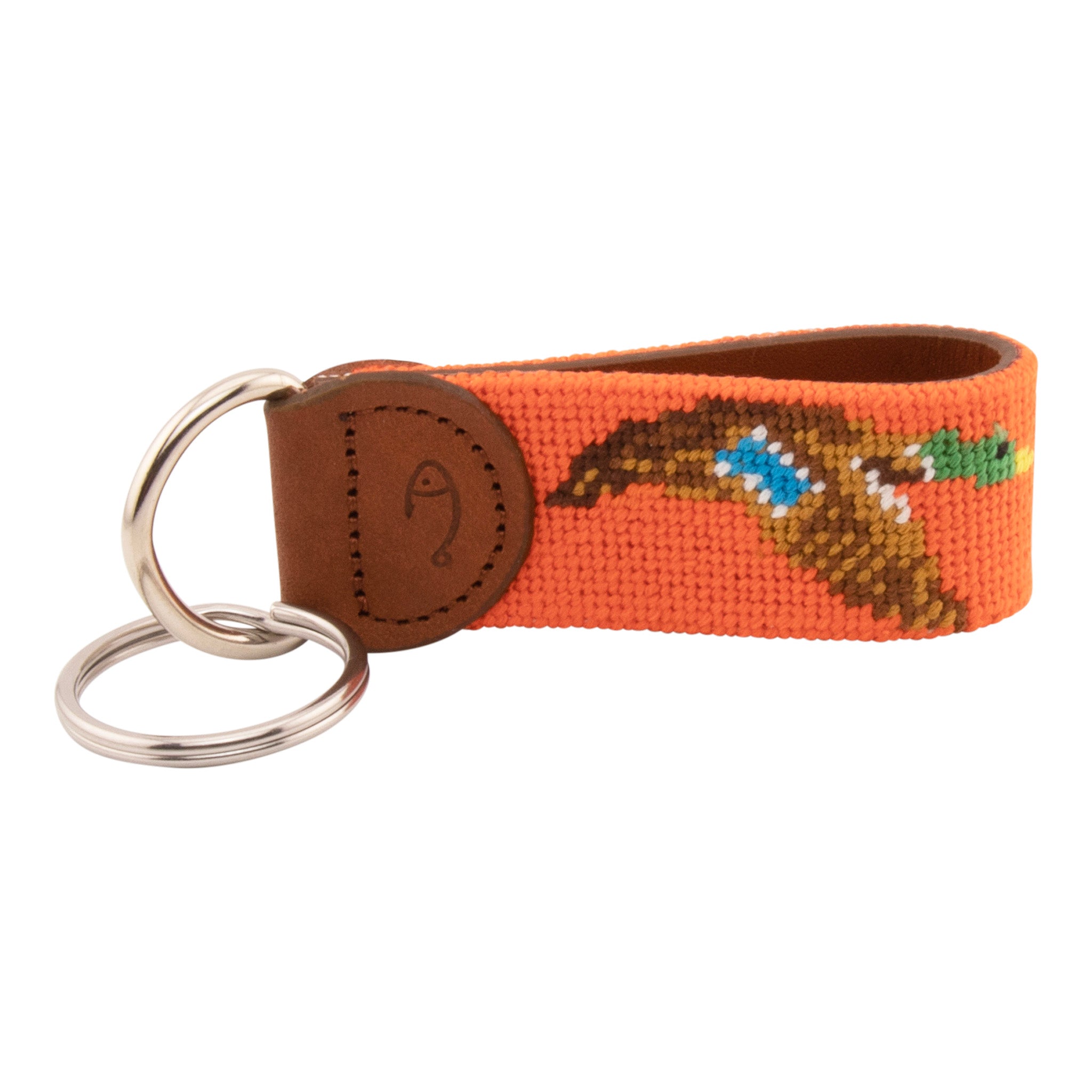 Hand-stitched duck needlepoint keychain showing a mallard drake on both sides against a blaze orange background and leather backing.  Stainless steel D-ring and keyring.
