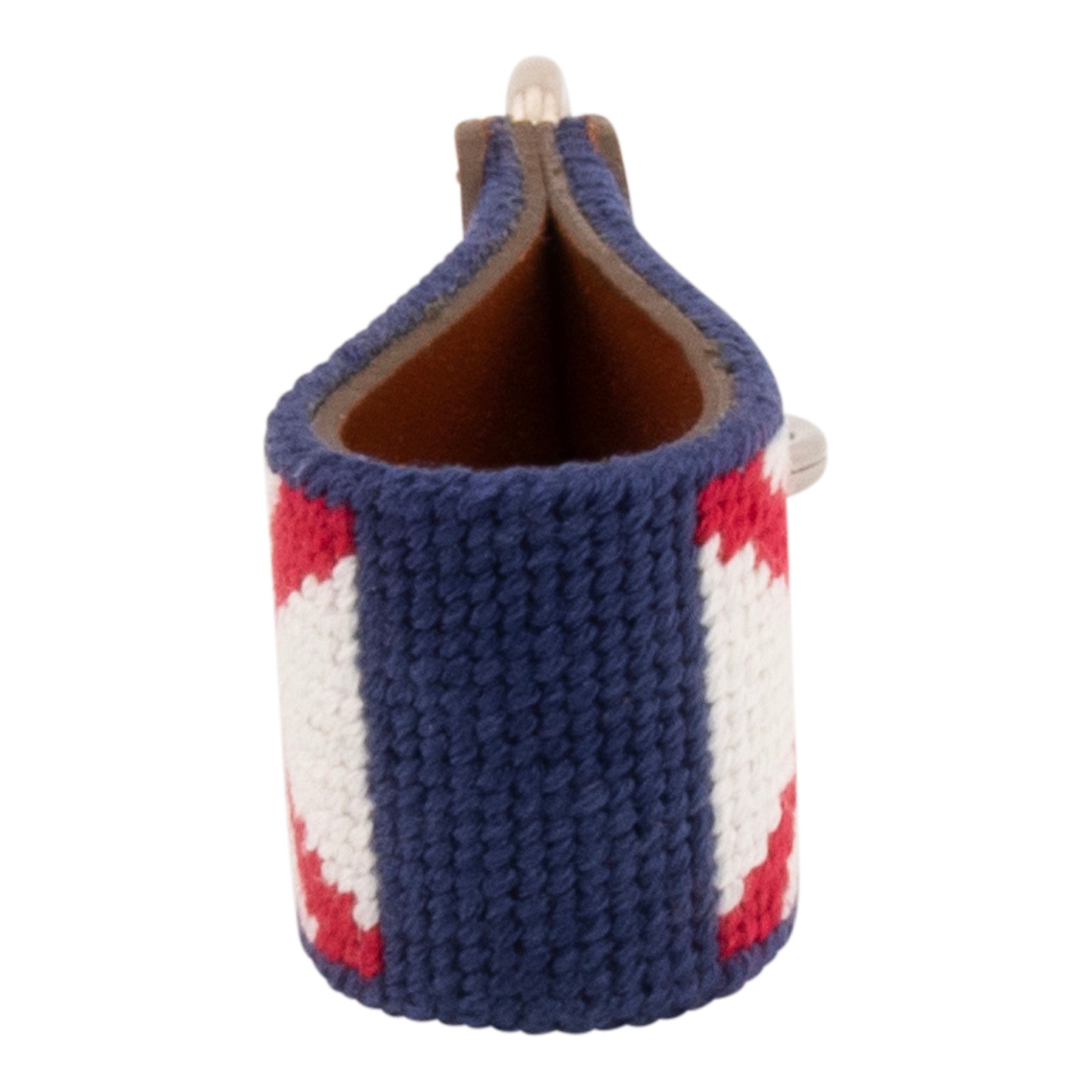 Hand-stitched Florida Flag needlepoint keychain showing the Florida Flag on both sides against a navy blue background and leather backing.  Stainless steel D-ring and keyring.