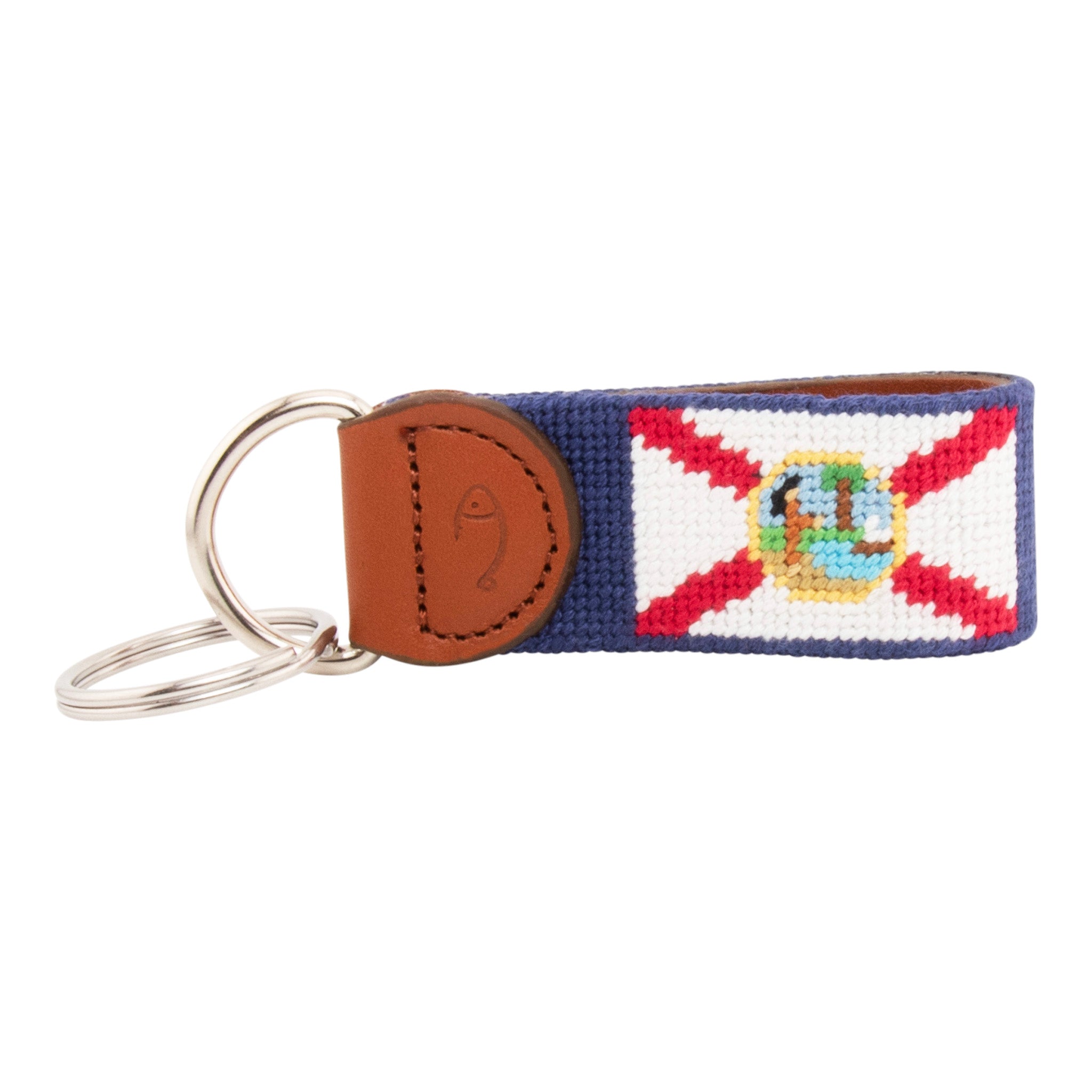 Hand-stitched Florida Flag needlepoint keychain showing the Florida Flag on both sides against a navy blue background and leather backing.  Stainless steel D-ring and keyring.