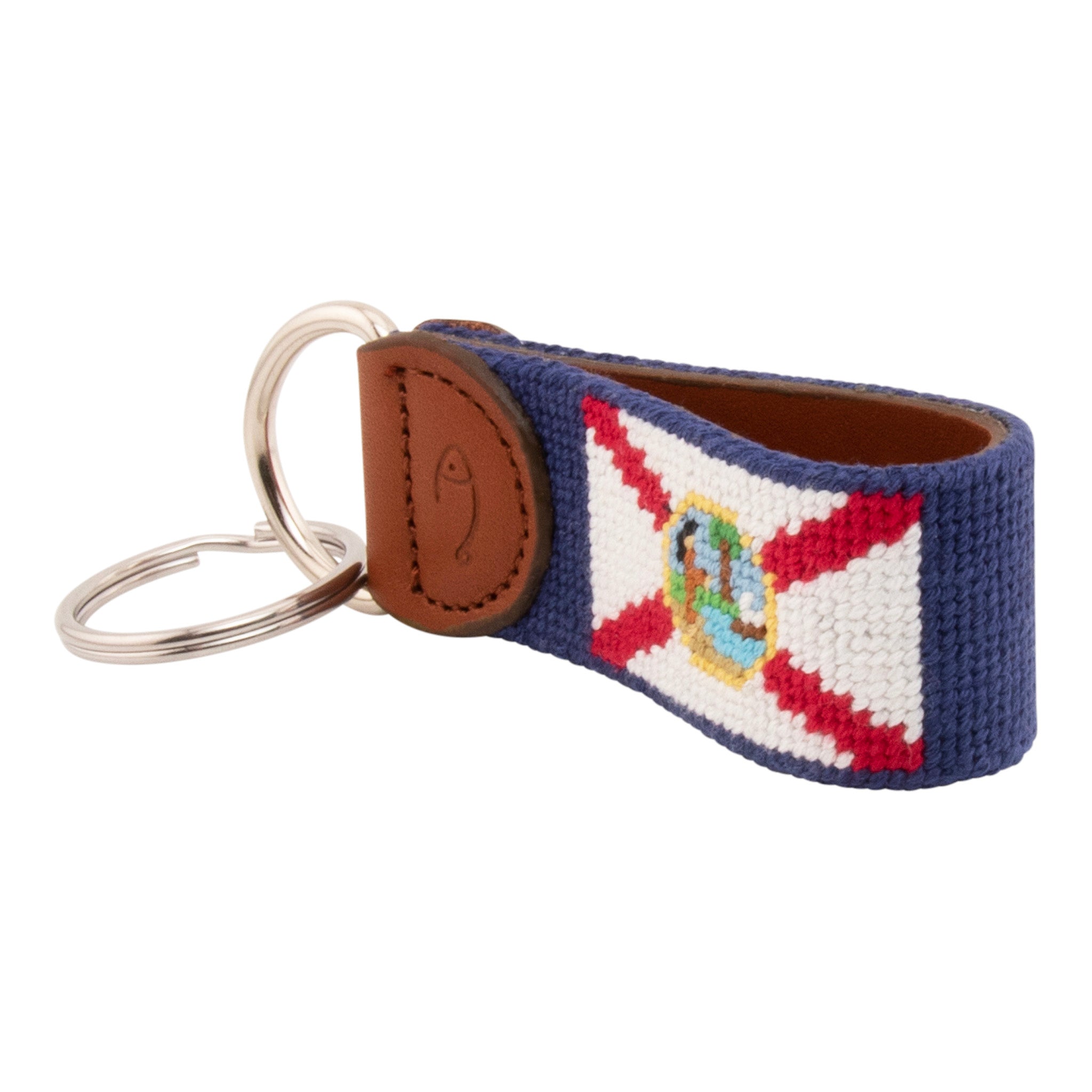 Hand-stitched Florida Flag needlepoint keychain showing the Florida Flag on both sides against a navy blue background and leather backing.  Stainless steel D-ring and keyring.