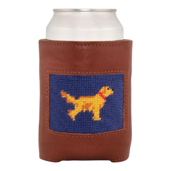 Front face of Golden Retriever Needlepoint Can Cooler showing hand-stitched needlepoint golden retriever with dark navy blue background. Soft leather body with interior neoprene lining. Great fit for a standard 12 ounce can.