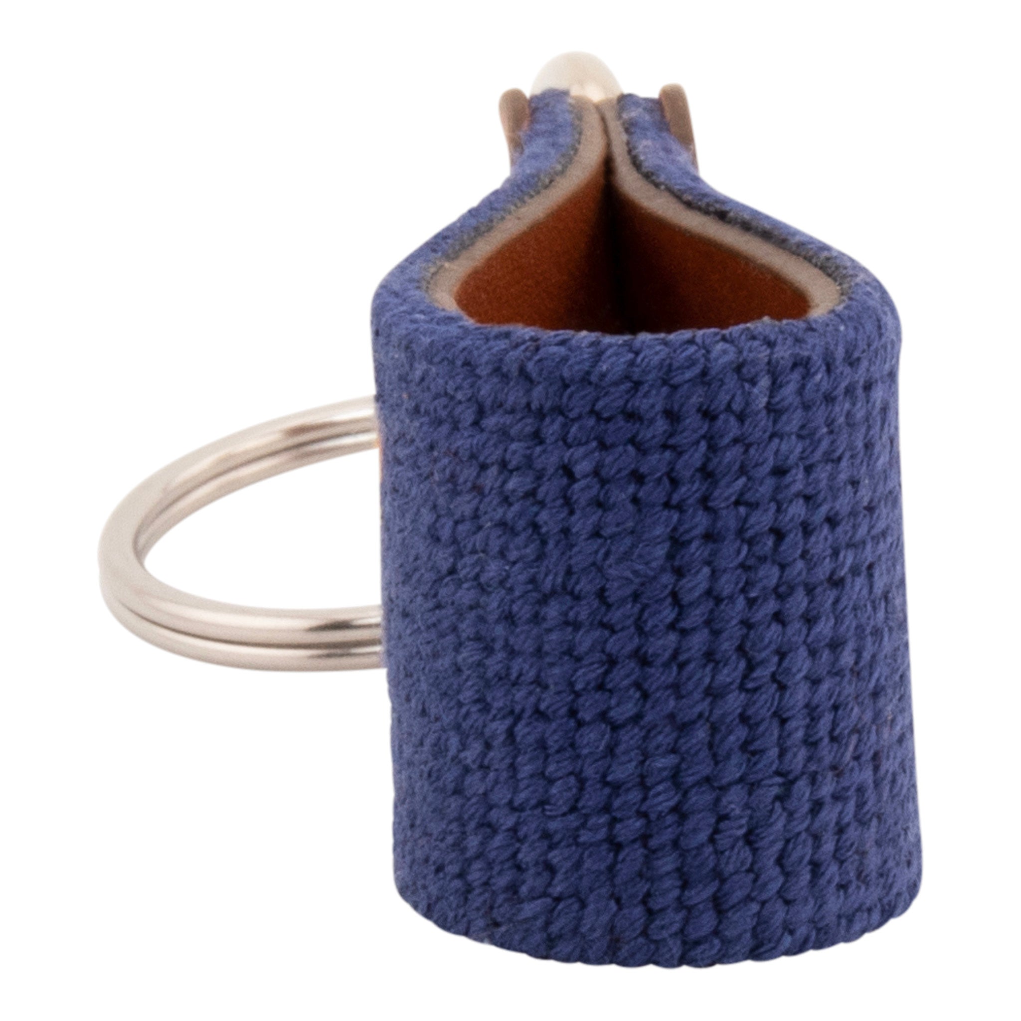 Hand-stitched Golden Retriever needlepoint keychain showing a golden retriever on both sides against a navy blue background and leather backing.  Stainless steel D-ring and keyring.