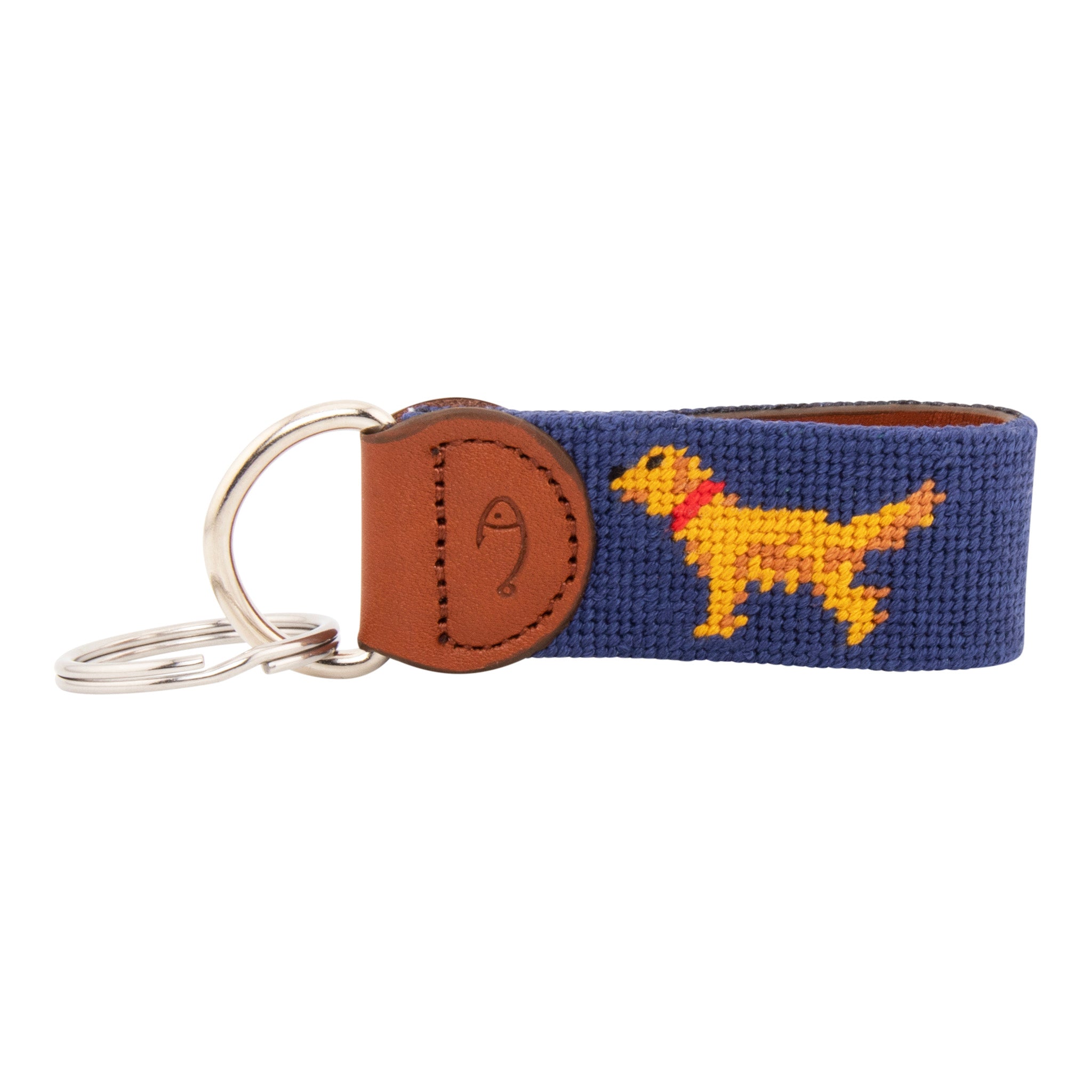 Hand-stitched Golden Retriever needlepoint keychain showing a golden retriever on both sides against a navy blue background and leather backing.  Stainless steel D-ring and keyring.