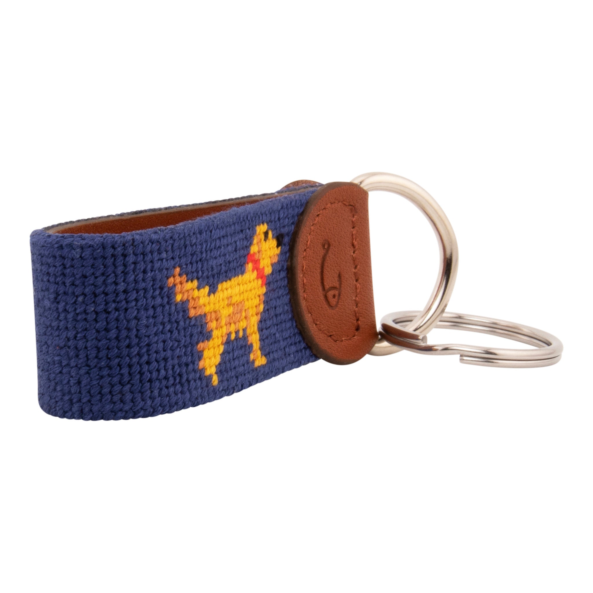 Hand-stitched Golden Retriever needlepoint keychain showing a golden retriever on both sides against a navy blue background and leather backing.  Stainless steel D-ring and keyring.