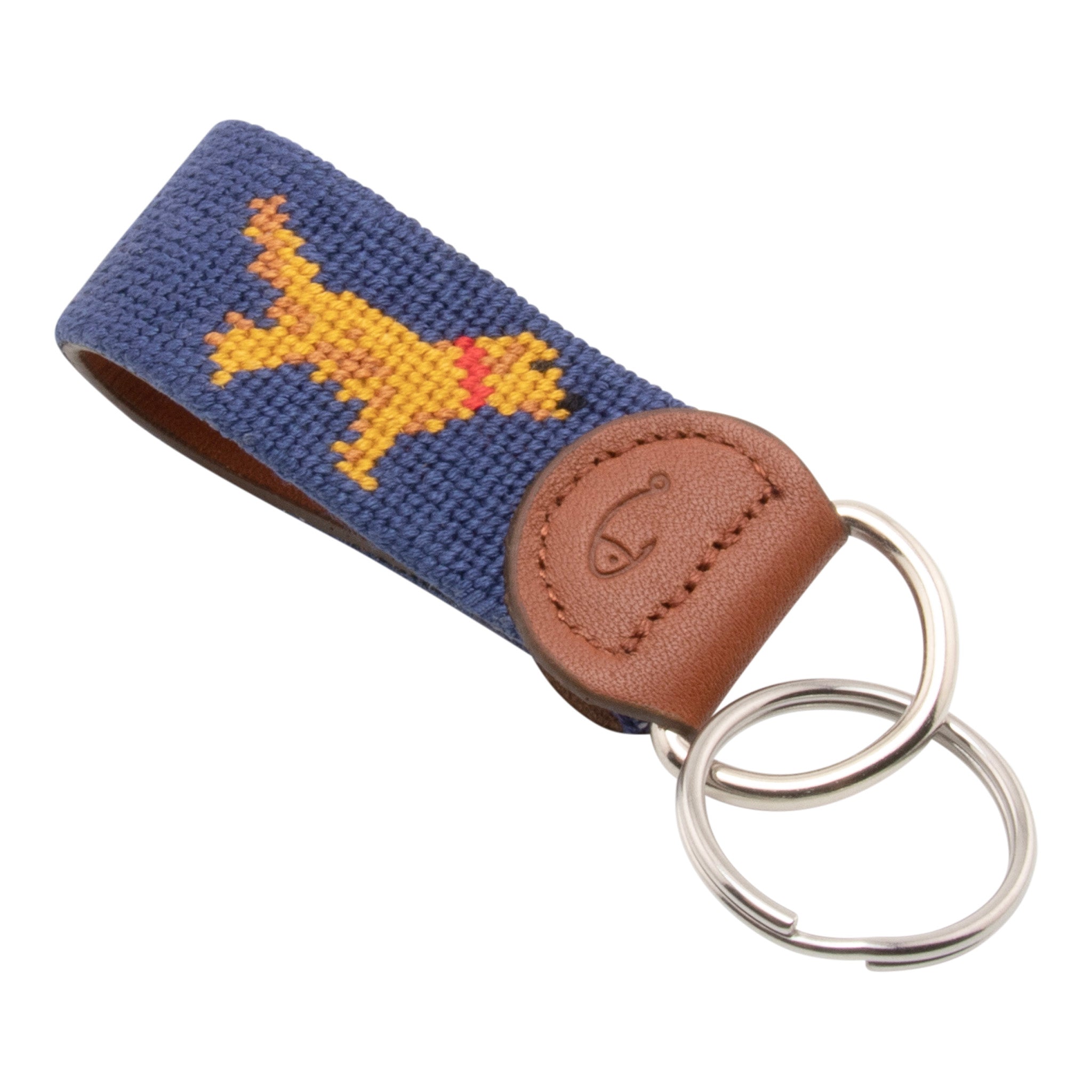 Hand-stitched Golden Retriever needlepoint keychain showing a golden retriever on both sides against a navy blue background and leather backing.  Stainless steel D-ring and keyring.