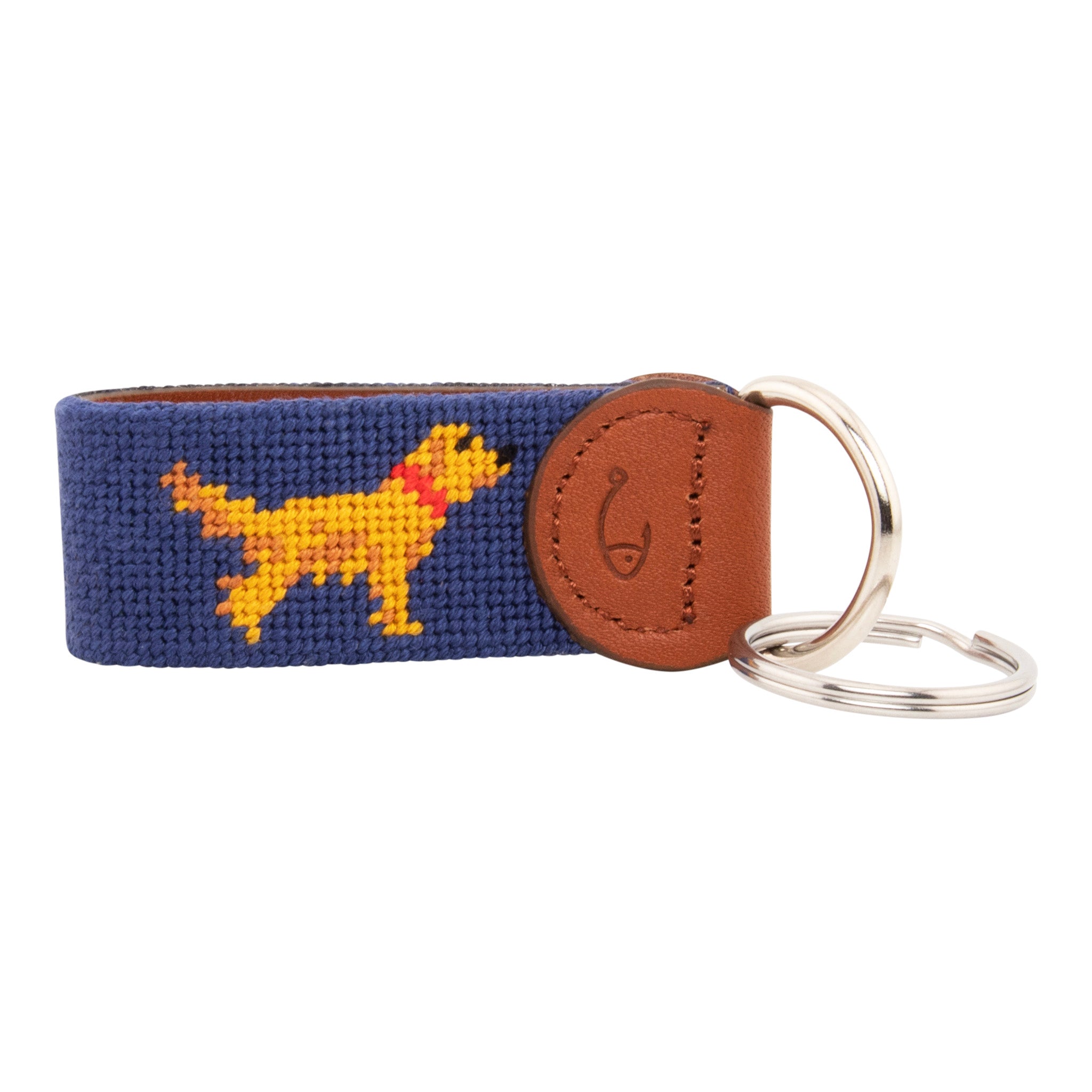Hand-stitched Golden Retriever needlepoint keychain showing a golden retriever on both sides against a navy blue background and leather backing.  Stainless steel D-ring and keyring.