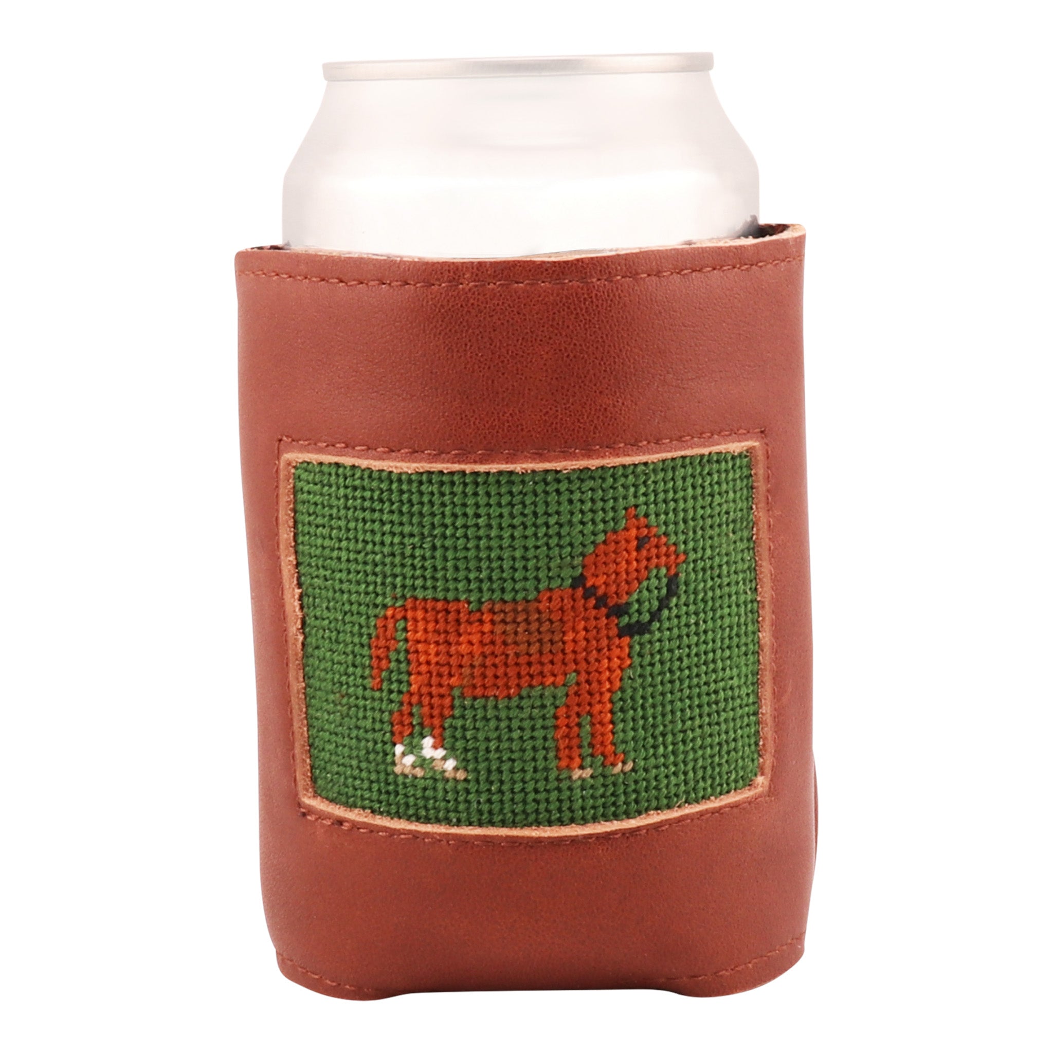 Hand-stitched horse needlepoint can cooler with brown leather trim and green background, designed to keep drinks cold in equestrian style.
