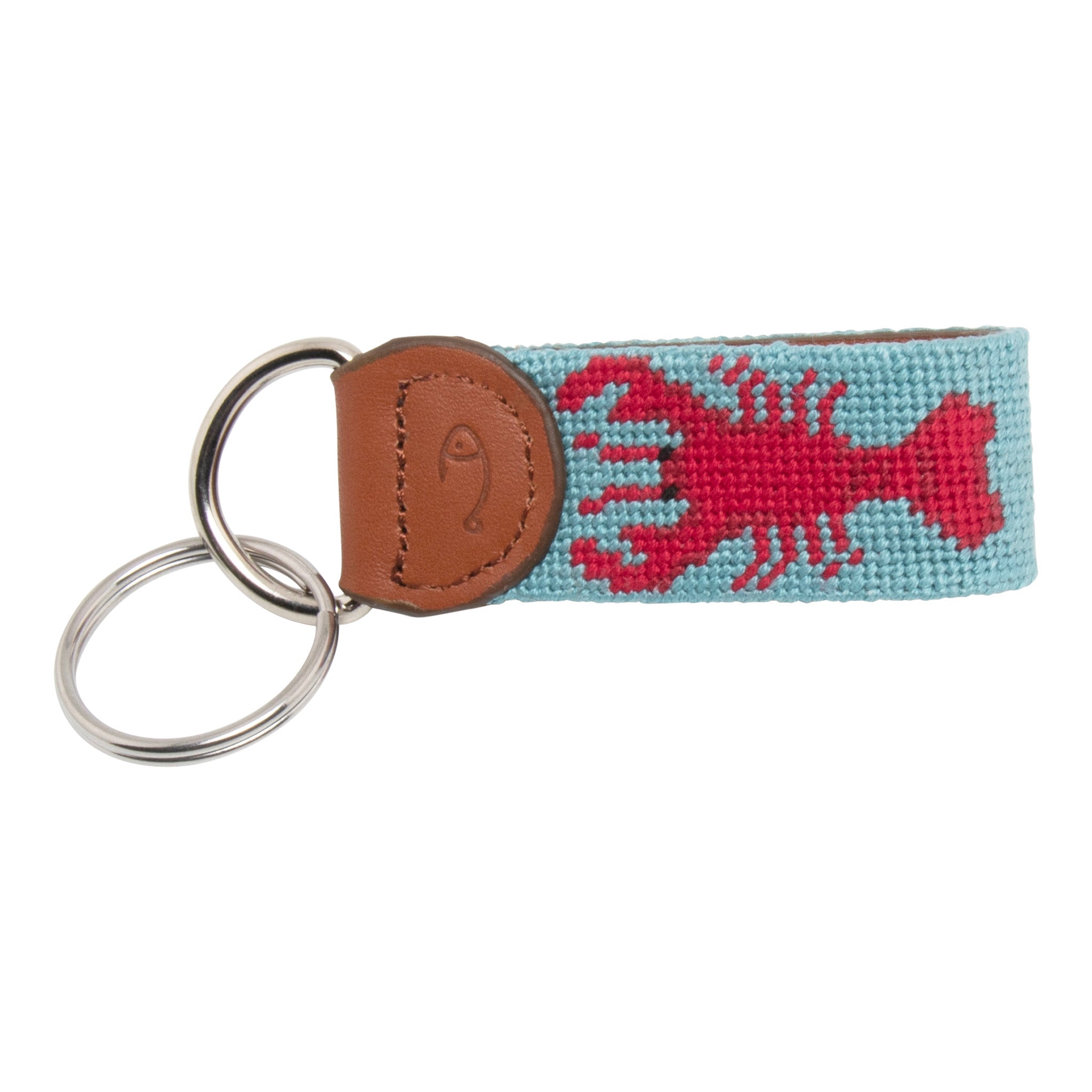 Hand-stitched lobster needlepoint keychain showing a red lobster on both sides against a light blue background and leather backing.  Stainless steel D-ring and keyring.