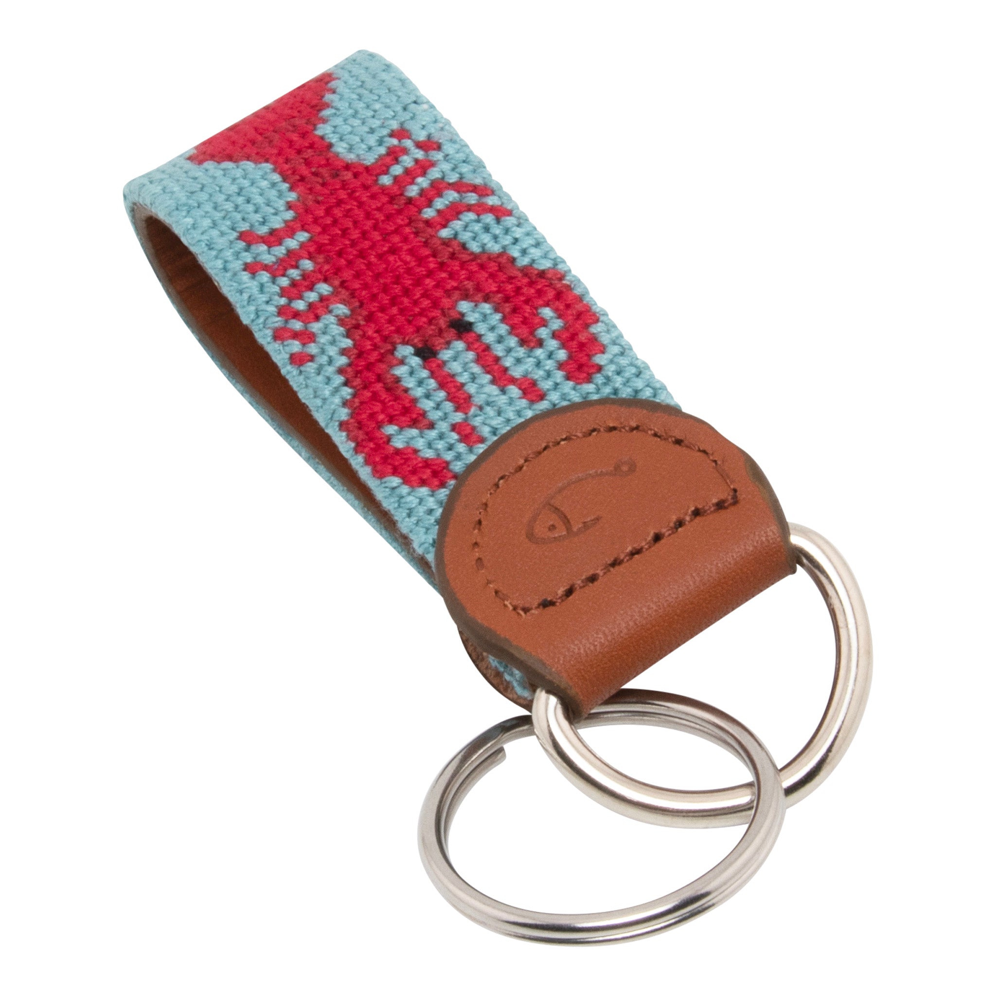 Hand-stitched lobster needlepoint keychain showing a red lobster on both sides against a light blue background and leather backing.  Stainless steel D-ring and keyring.