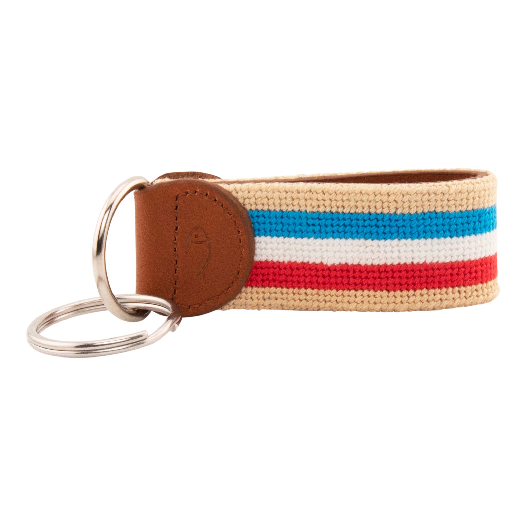 needlepoint keychain with blue white and red stripes on light tan background, design wraps around to both sides, hand-stitched, leather background, stainless steel key ring, same design on both sides