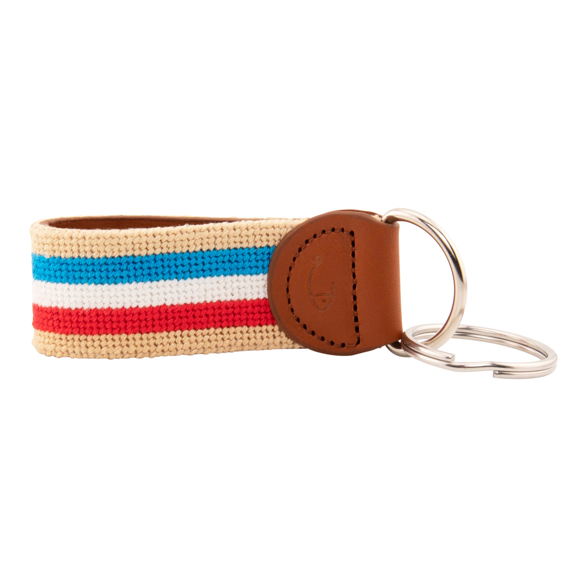 needlepoint keychain with blue white and red stripes on light tan background, design wraps around to both sides, hand-stitched, leather background, stainless steel key ring, same design on both sides