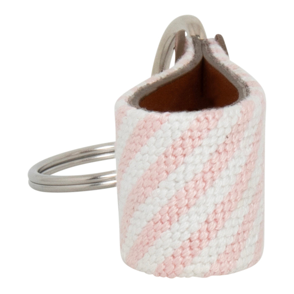 Hand-stitched Pink Seersucker needlepoint keychain showing a pink seersucker pattern on both sides, leather backing.  Stainless steel D-ring and keyring.